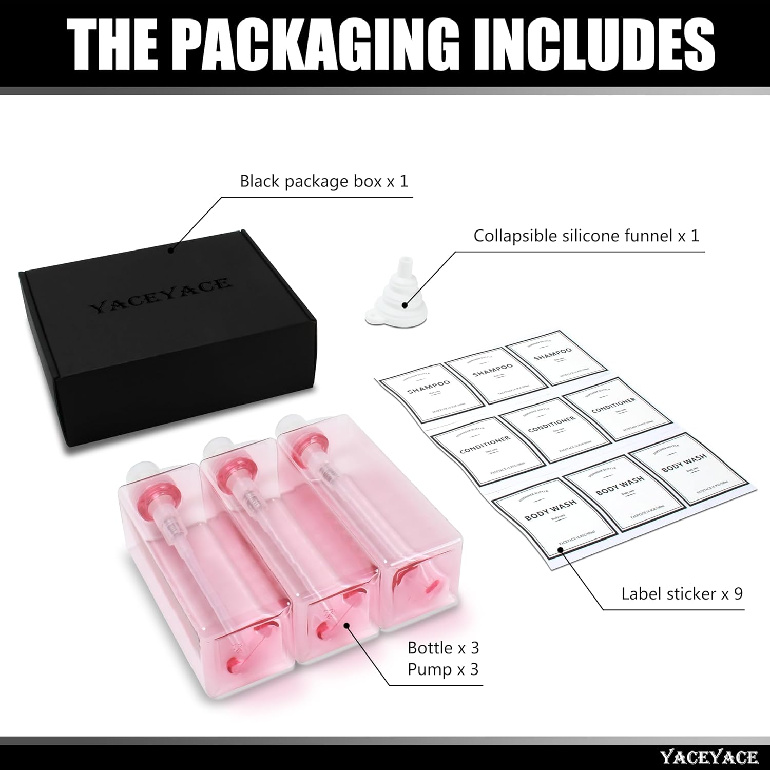 Pink Shampoo and Conditioner Set of 3, 16.9oz Clear Shampoo Bottles with Pump Dispenser, Body Wash Dispenser, Shower Bottles - Image 6