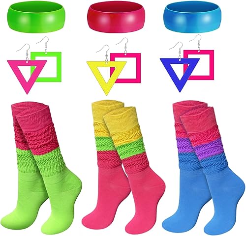 9 piezas de accesorios de los años 80 para mujer, calcetines de neón holgados para mujer con pulsera de neón de los años 80 y 90, aretes para