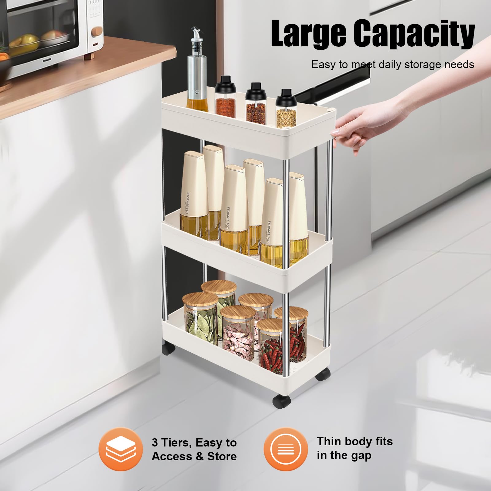 Carrello per nicchia da cucina a 3 livelli, con nicchia su ruote, per cucina, ufficio, bagno