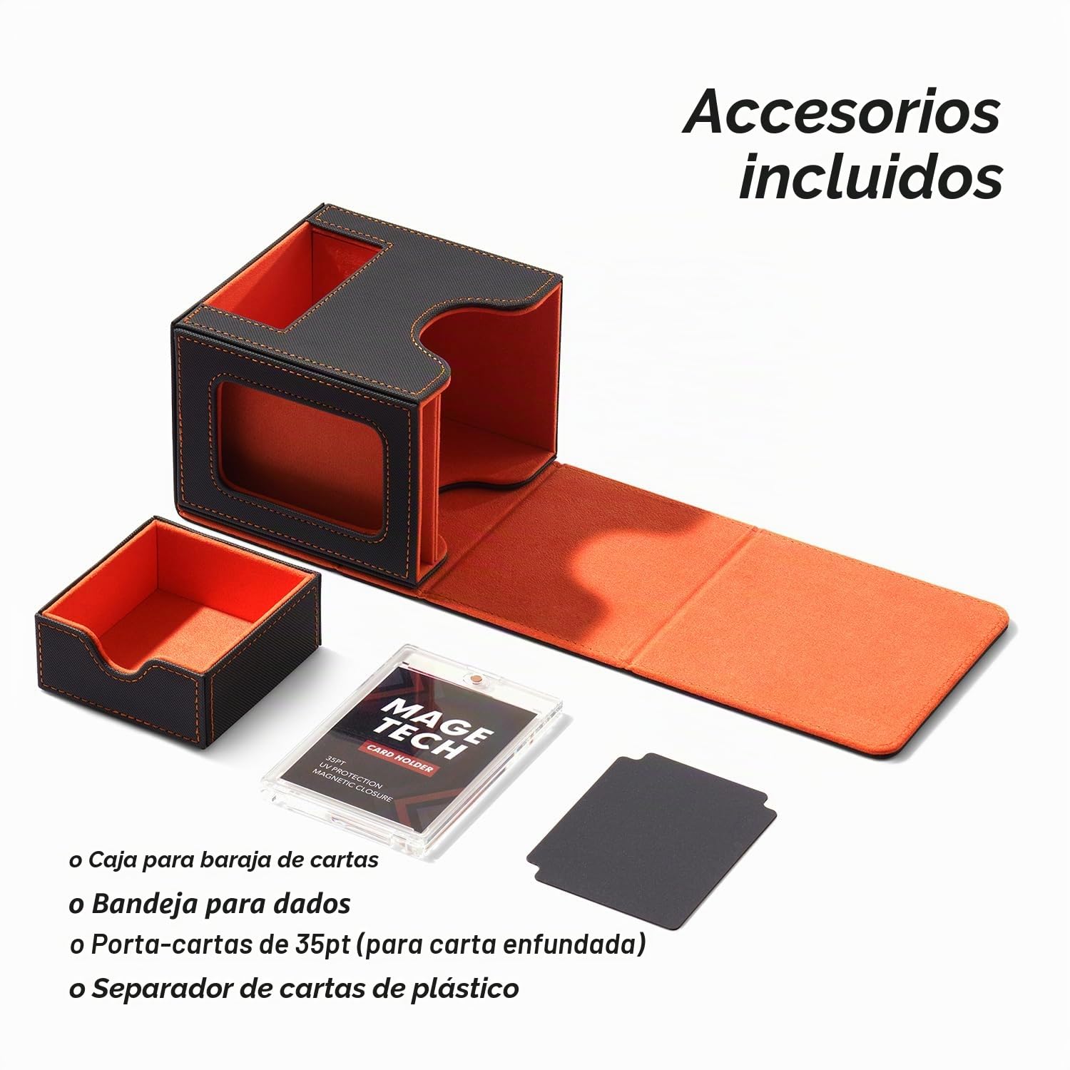 Mage Tech Caja de Mazos Commander para MTG - Diseño Patentado, Exhibición de Commander, Apta para 100 Cartas con Doble Funda, Soporte Magnético de Cartas de 35pt & Bandeja para Dados - Oscuro/Naranja