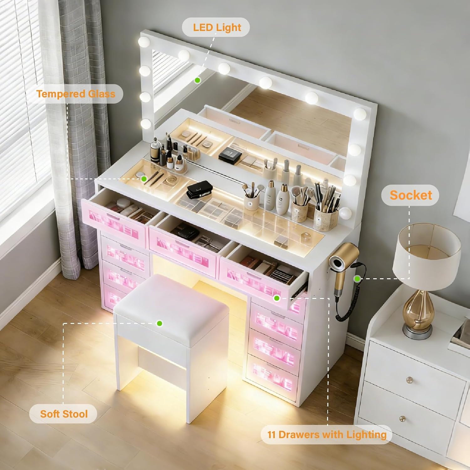 CollaredEagle Vanity Desk with Illuminated Mirror & Power Outlet,Makeup Vanity with LED Lights (White, 11 Luxury RGB Drawers)