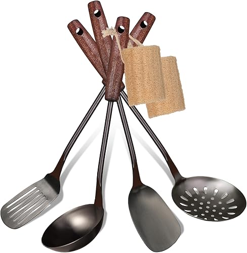 MARTE Espátula Wok de 15 pulgadas y cucharón, juego de herramientas de cuchara espumadera  Juego de utensilios de cocina vintage de acero inoxidable