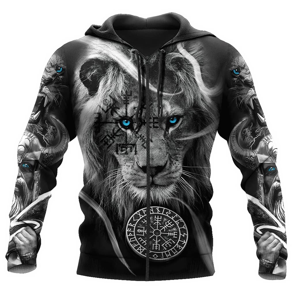 Viking Warrior Tattoo Hoodie for Men, Vintage Sweatshirt Nordic Mythology Print Oversized Jacket,Lion Vegvisir Zipper,5XL