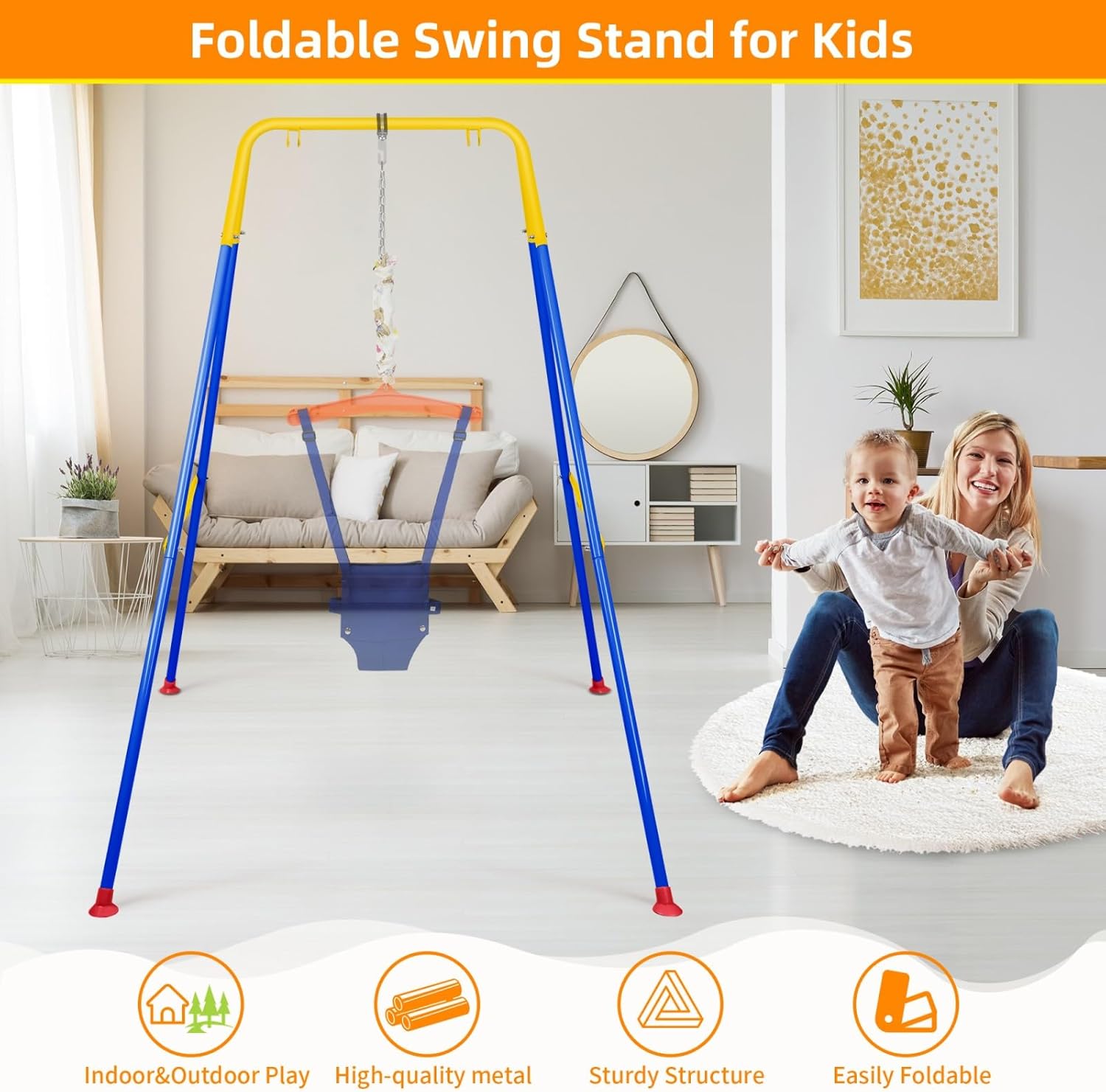Foldable Swing Stand for Kids, Heavy-Duty Metal Swing Frame for Indoor/Outdoor, Suitable for Most Baby Toddler Swings, Easy to Assemble & Store, Swings not Included (Blue)