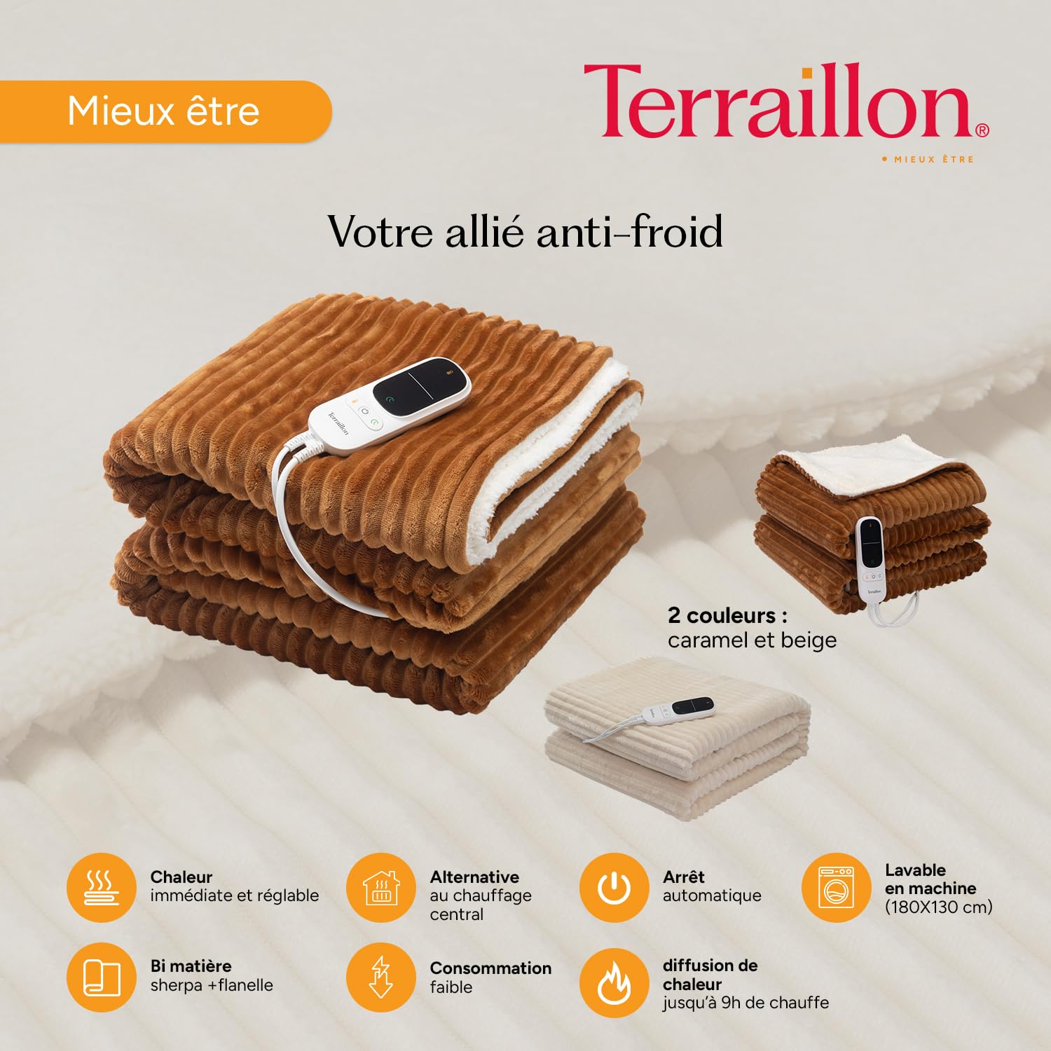 Terraillon Couverture chauffante Plaid Chauffant Sherpa 180x130 cm KOOMY | Arrêt Automatique, 9 réglages de température, Chaleur Pendant 9h, Lavable en Machine, 180x130 Cm, Sherpa et Flanelle
