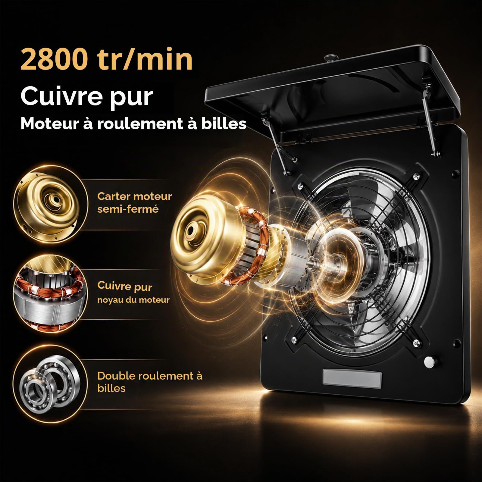 Ventilateur extracteur 250 mm, clapet de retour, régulateur de vitesse, système de collecte automatique d'huile, ventilateur mural silencieux pour salle de bain, cuisine, garage, cave, noir
