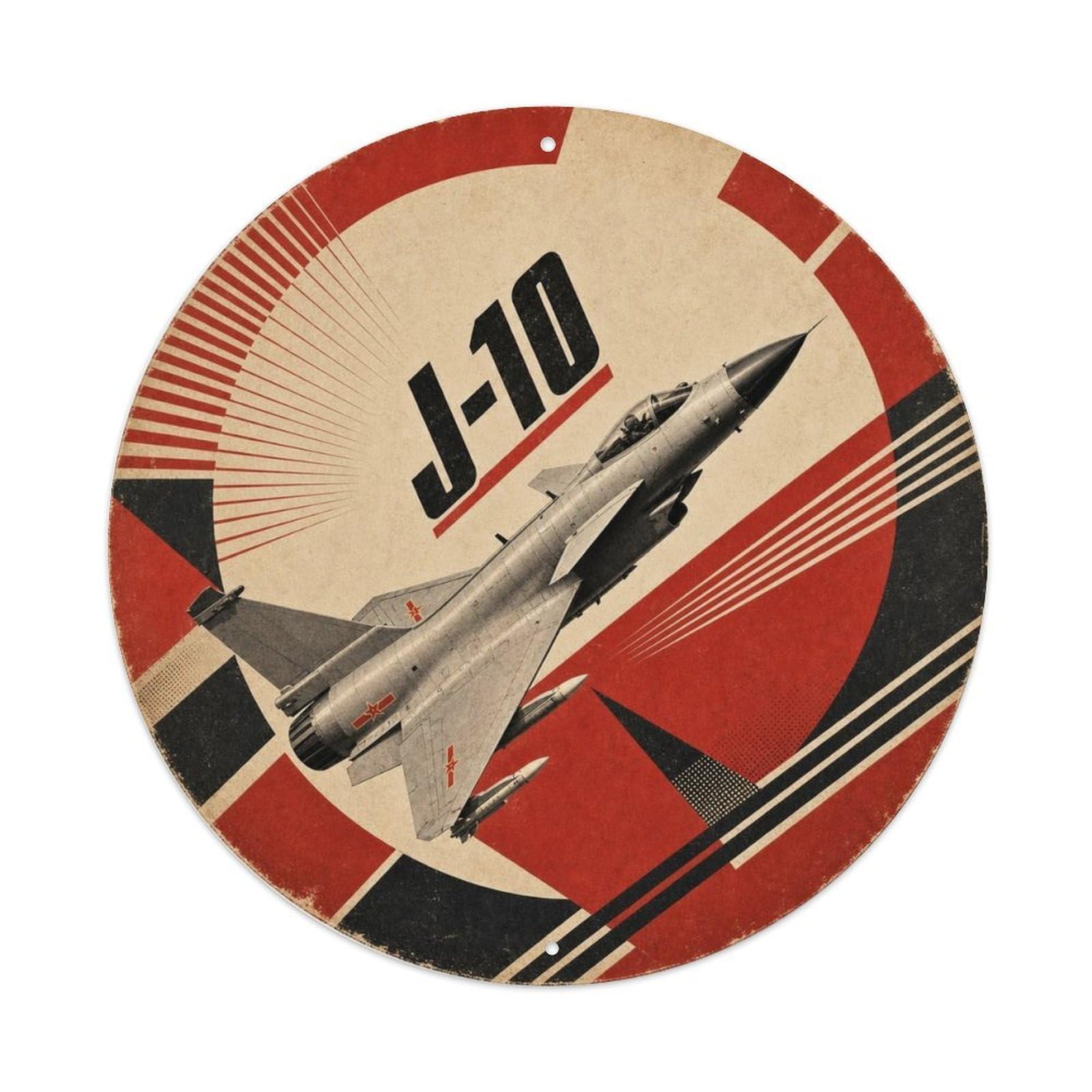 J-10 Fighter Jet Black Constructivist Modern Military Metal Tin Sign Plaque Wall Decor for Cafe, Man Cave, Club Bar, Office, Home Garden Round Metal Poster 8x8Inch