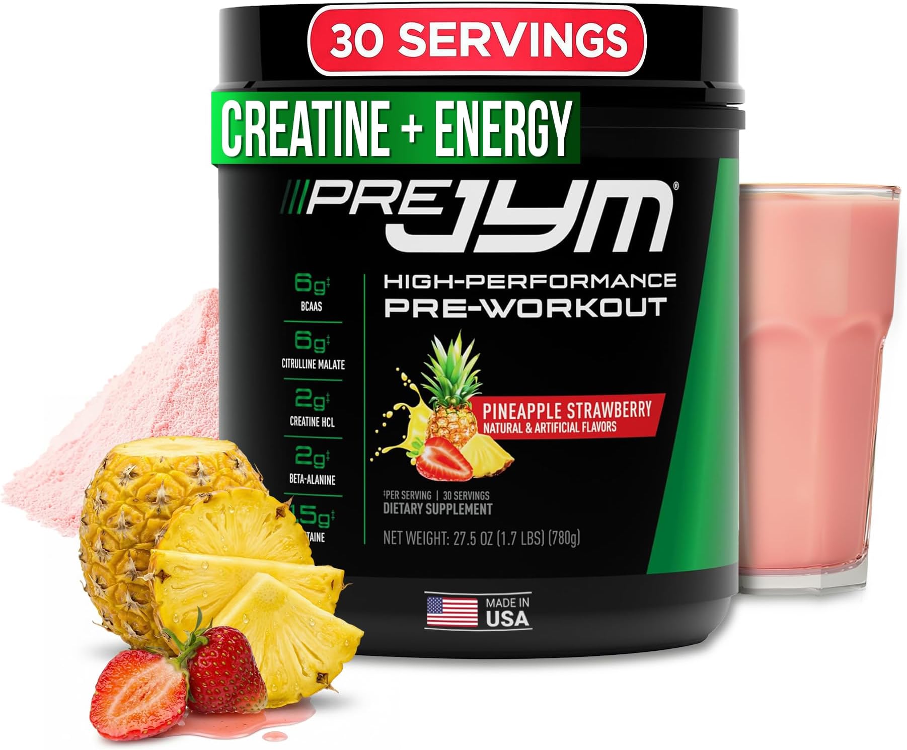 Pre JYM Pineapple Strawberry Pre Workout Powder for Men & Women, BCAAs, Nootropics, Creatine HCI, Citrulline, Beta-Alanine, Betaine, Taurine, Huperzine, 30 Servings