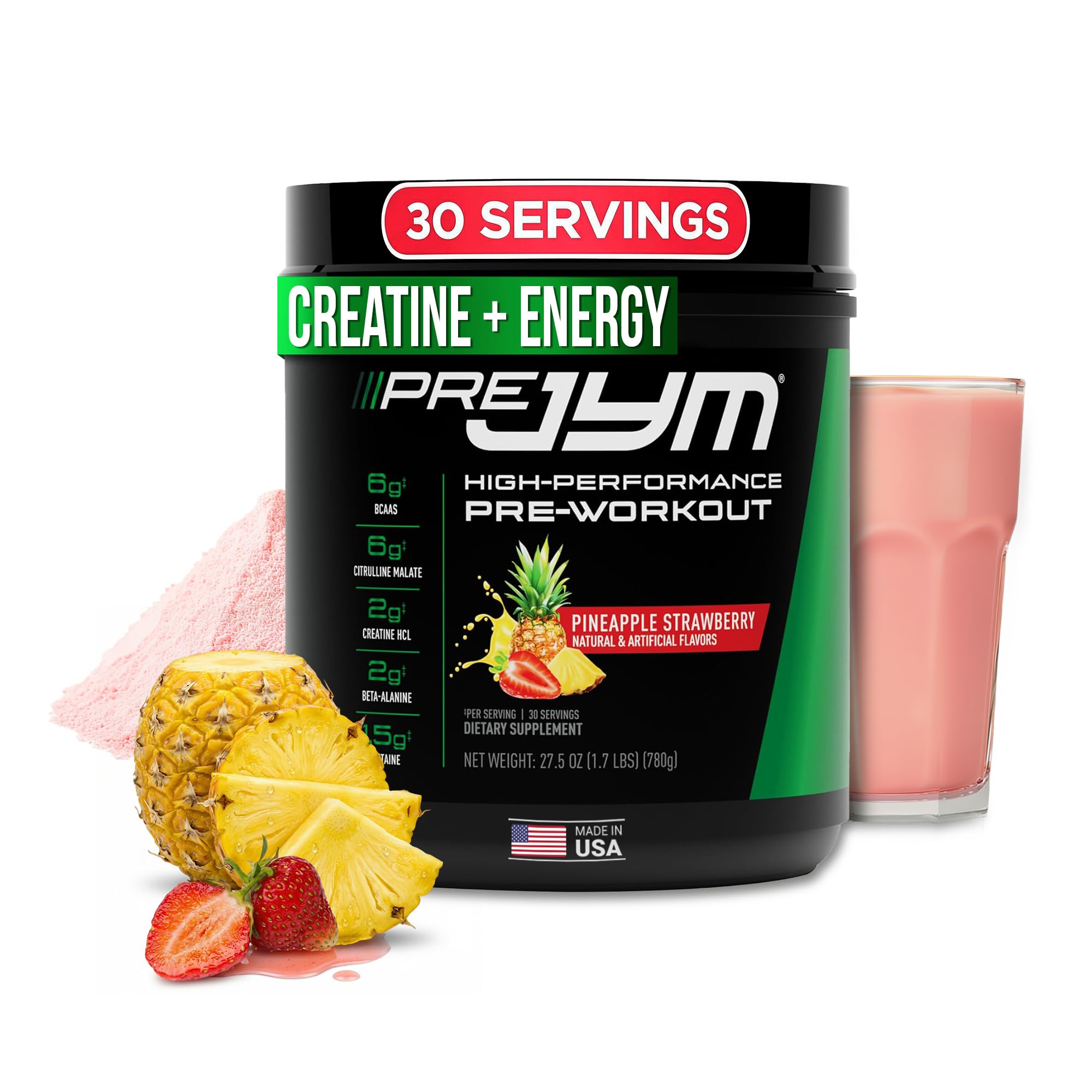 JYM Supplement Science Pre JYM Pineapple Strawberry Pre Workout Powder for Men & Women, BCAAs, Nootropics, Creatine HCI, Citrulline, Beta-Alanine, Betaine, Taurine, Huperzine, 30 Servings