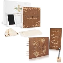Creawoo Wooden Baby Memory Book Set with Ink, Keepsake Bags, Envelopes & 11" Wedding Guest Book Set