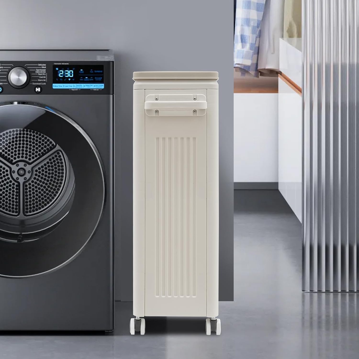 Storage Basket, Laundry Hamper with Lid, Rolling Storage Bin with Wheels, Plastic Clothes Organizer, Dual-Opening Design, Lockable Casters, Space-Saving for Bedroom, 48L/12.68Gal, 19x8.4x26.4in