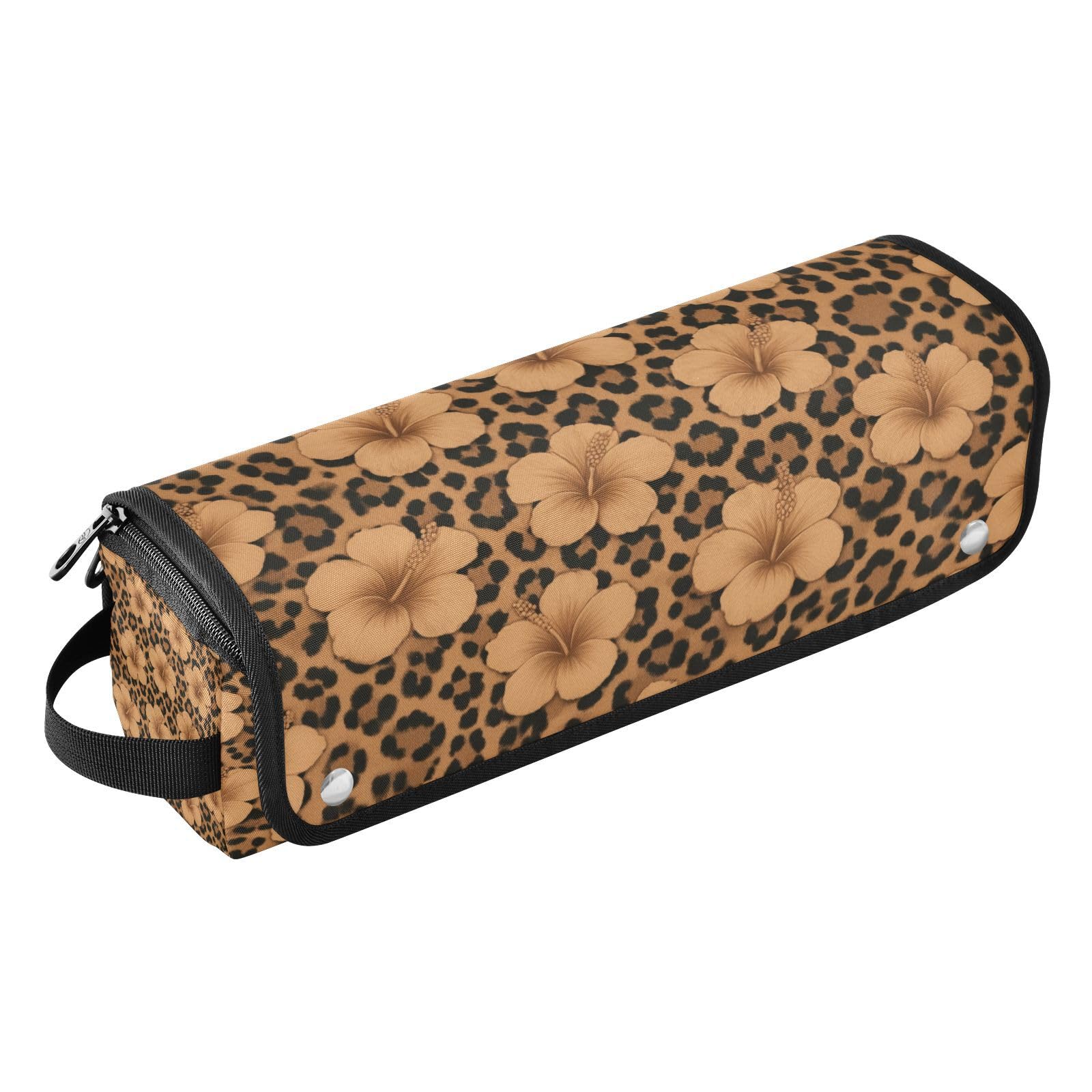 Brown Hibiscus Print Hair Tools Travel Bag Portable Hair Accessory Organizer with Heat Resistant Mat 2 in 1