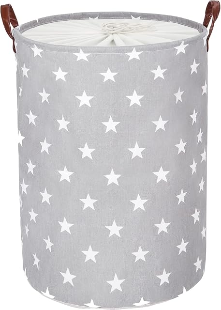 DOKEHOM 20-Inches Freestanding Laundry Basket with Lid, Collapsible Large Drawstring Clothes Hamper Storage with Handle (Grey Star, L)