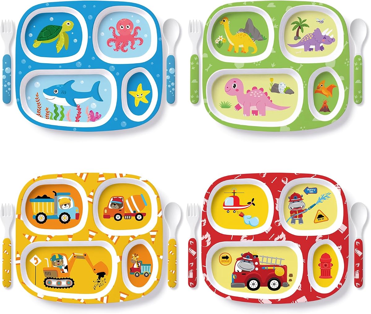 Jinei 4 Set Melamine Dinner Plate for Kids Dinnerware Dishes Set with Fork and Spoon Firefighter Dinosaur Construction Sea Animal Divided Melamine Plates for Boys Toddlers BPA Free Dishwasher Safe