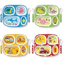 Jinei 4 Set Melamine Dinner Plate for Kids Dinnerware Dishes Set with Fork and Spoon Firefighter Dinosaur Construction Sea Animal Divided Melamine Plates for Boys Toddlers BPA Free Dishwasher Safe