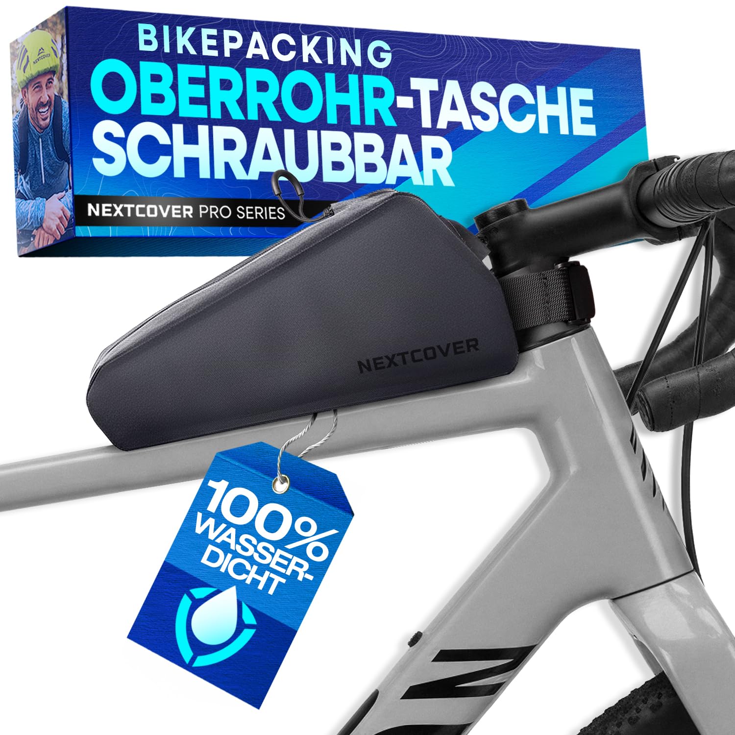 Nextcover® Bikepacking Oberrohrtasche Schraubbar I 100% Wasserdicht Dank AquaShield-TPU I Kompakte Rahmentasche Fahrrad I Bikepacking Taschen für Gravelbike, Rennrad, MTB, Top Tube Bag