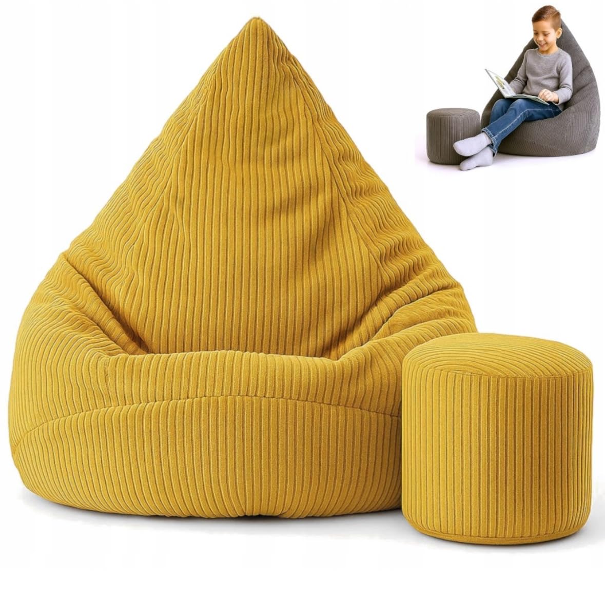 Sitzsack Kinder mit Hocker 75x75x100cm - Kinder Sitzsack mit Füllung - Schlafzimmer und Wohnzimmer Möbel - Cord Indoor Sitzsäcke - Lounge Sessel - Bean Bag