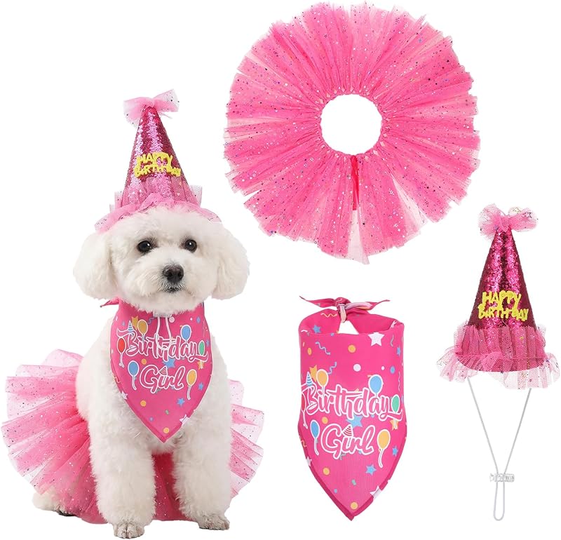 Kit Festa de Aniversário para Cães Hpmjz com Bandana, Chapéu e Saia de Tule Rosa, 3 Peças