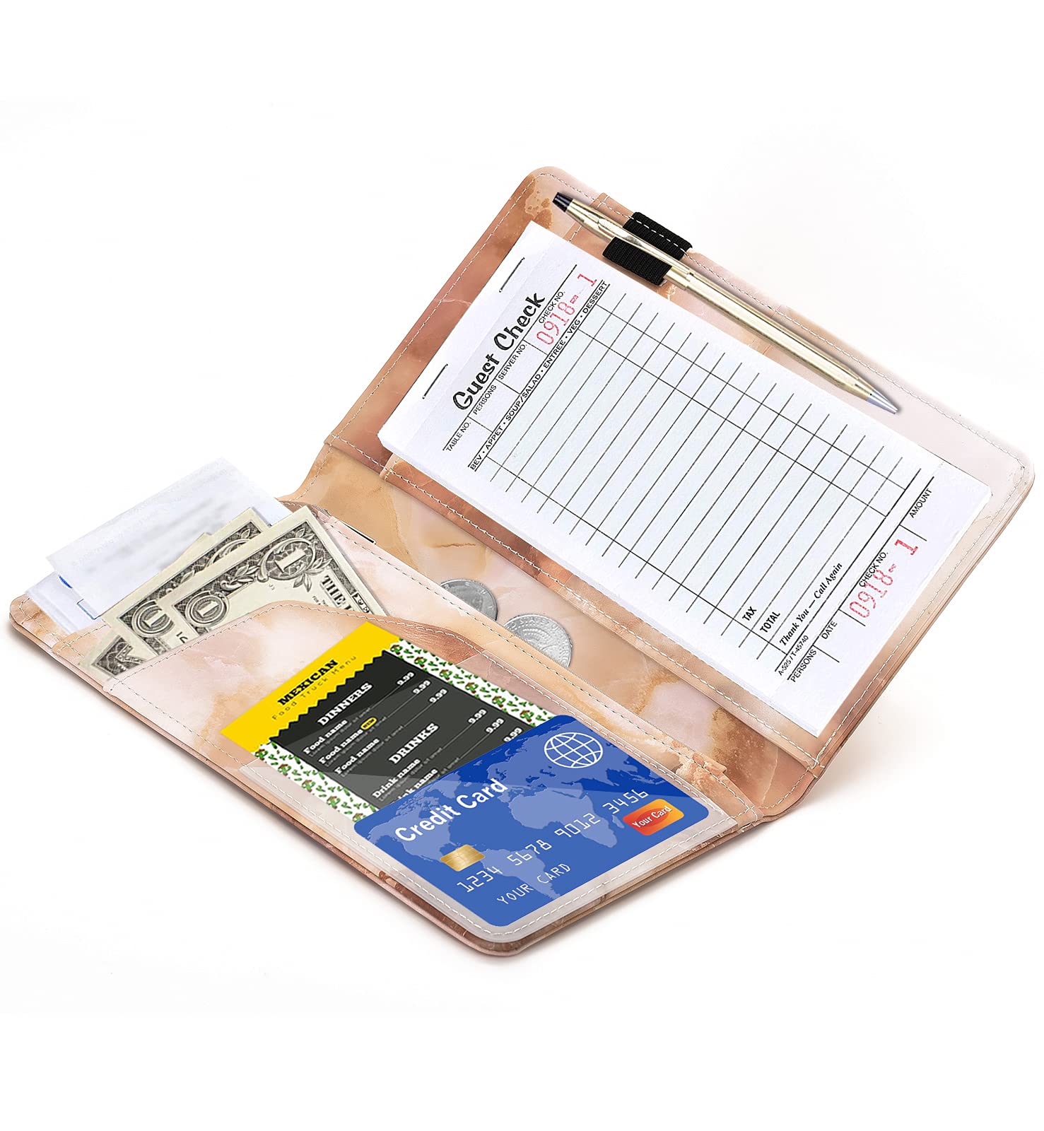 Libros de mesero para camarera – Cartera de cuero con textura de mármol con bolsillo con cremallera, bonito libro de camarera y organizador de camareros con bolsillo para dinero, delantal de servidor