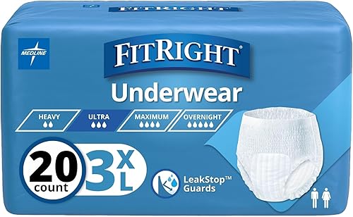 Medline FitRight - Ropa interior para incontinencia para adultos, absorción pesada, 3XL, cintura de 75-94 pulgadas (20 unidades)