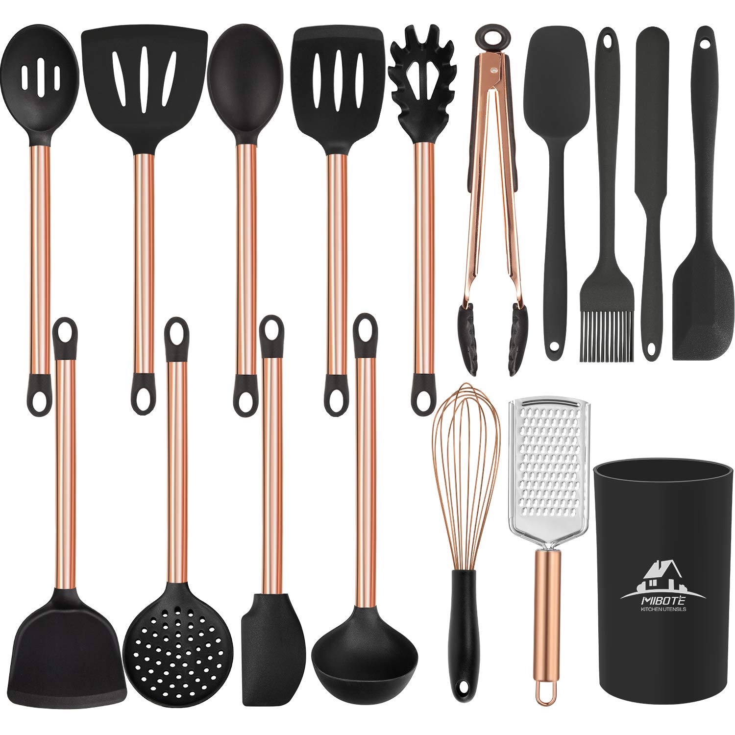 Mibote 17Pcs Kitchen Utensils Set with Holder, Silicone Cooking Kitchen Utensils Set with Stainless Steel Handle - Copper