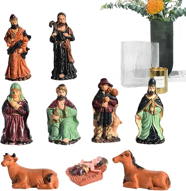 Handgeschilderde Kerststal Beeldjes Set | 9 Religieuze Figuren in Hars