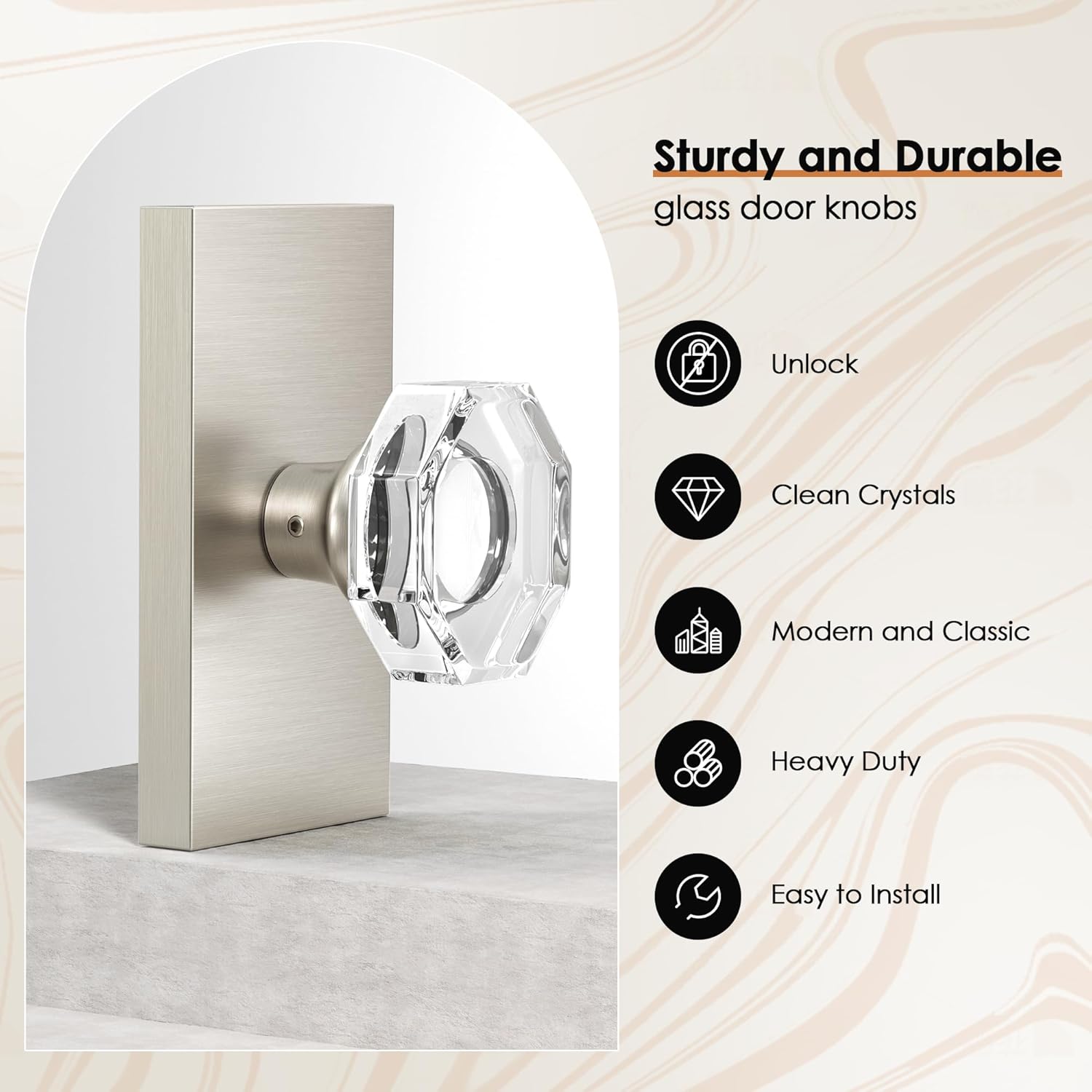 Crystal Dummy Door Knob Interior Satin Nickel Inactive Crystal Half-Dummy Door Knobs for Hall/Closet,2 Pack
