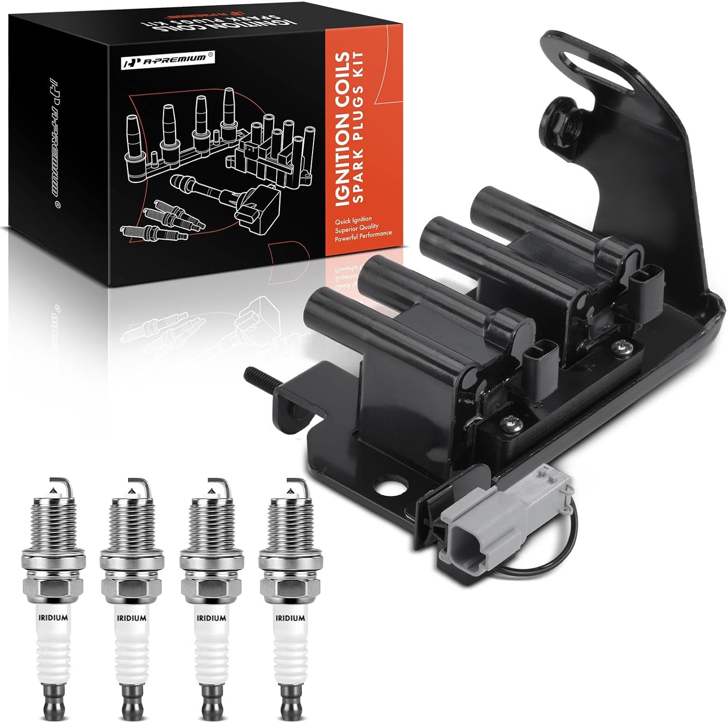 A-Premium 1x Ignition Coil Pack and 4x Iridium Spark Plugs Compatible with Kia Rio 2001 2002 2003 2004 2005, 1.5L 1.6L