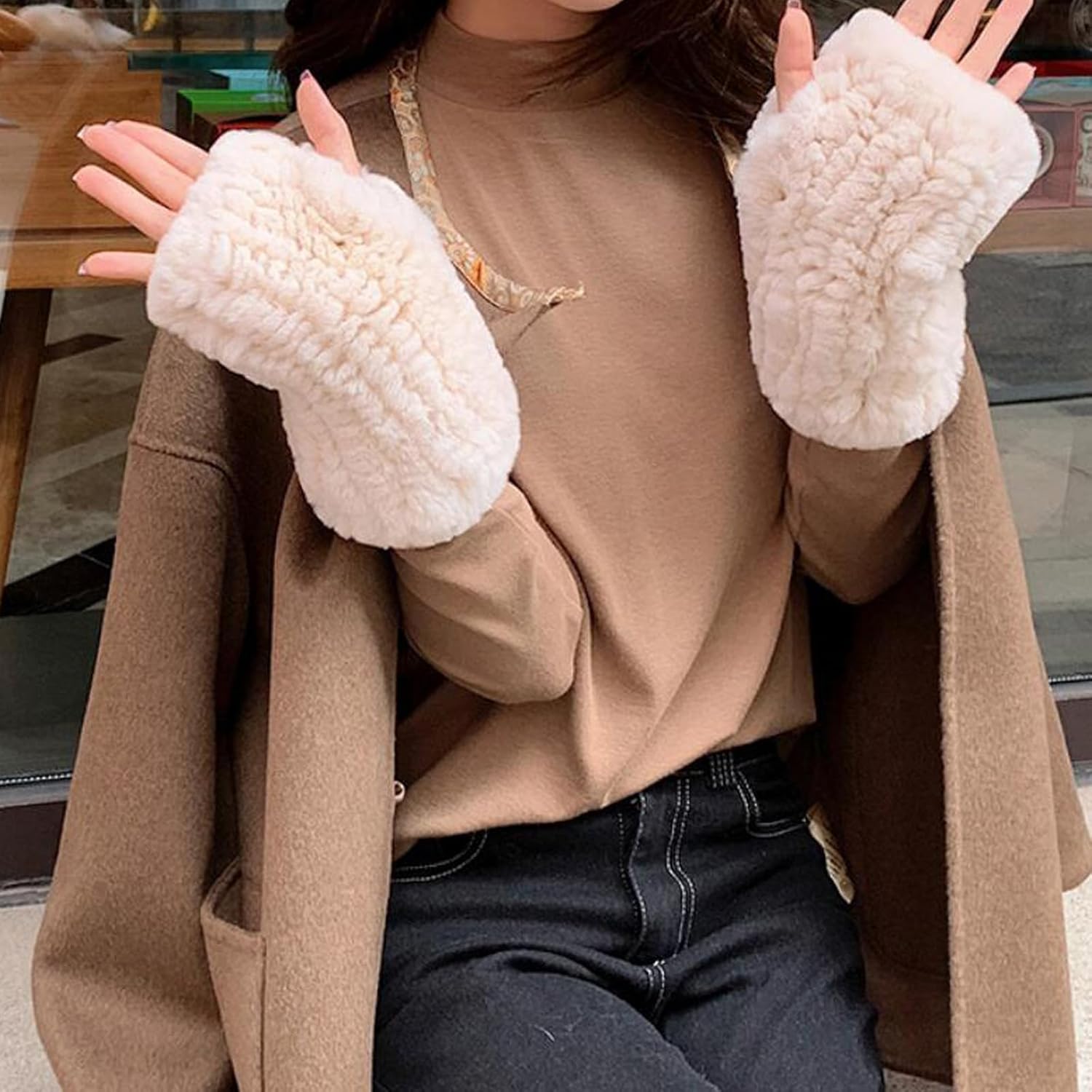 Valpeak Womens Rabbit Fur Winter Mittens Knitted Fingerless Gloves - Image 5