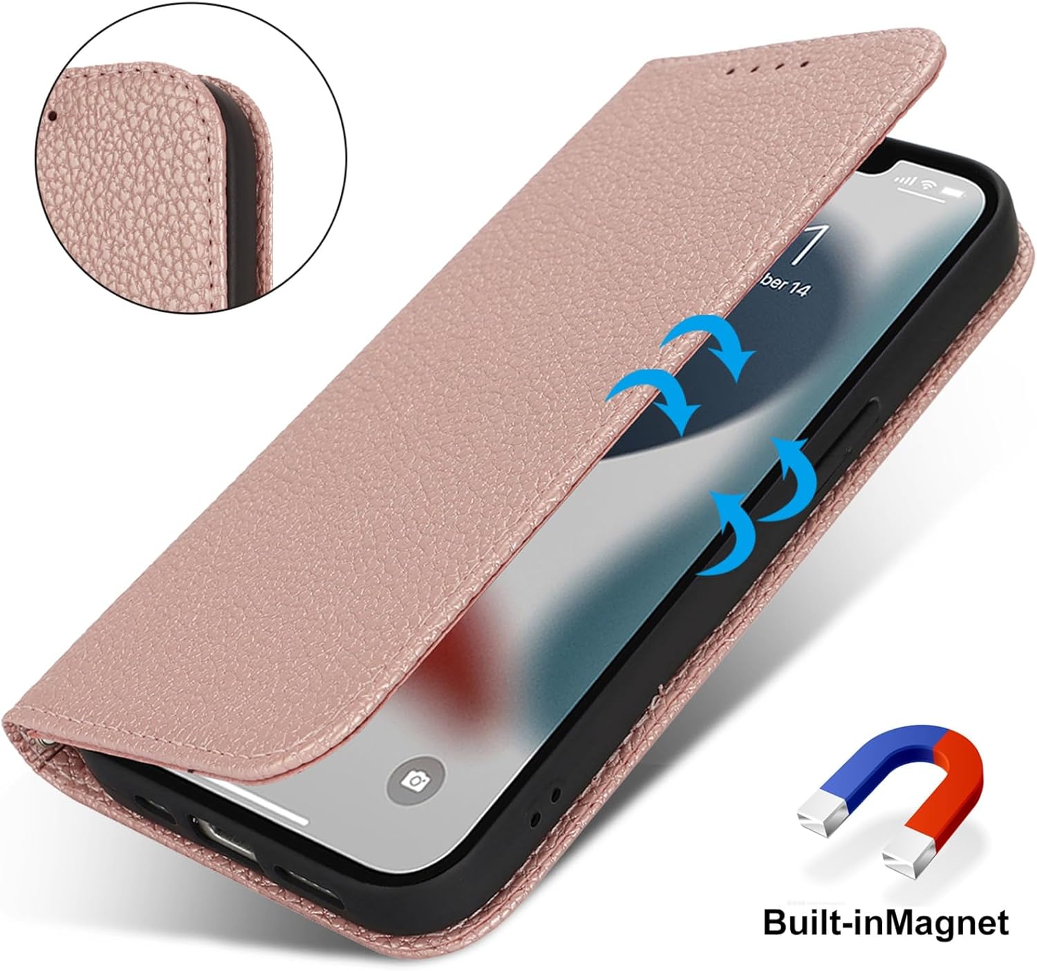 Jaorty for iPhone 13 Pro Max 5G Phone Case Wallet with Wrist Strap,Wallet Case for iPhone 12 Pro Max with Card Holder for Women,Cash Pocket PU Leather Magnetic with Kickstand,6.7" Lichi Rose Gold - Image 5