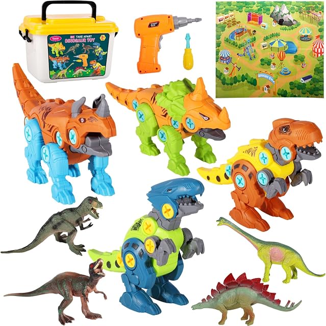 Vykor Take Apart Dinosaur Toys for Kids boys with Storage Box Electric Drill Map-STEM Educational DIY Construction Build SetGifts for Boys Girls Toys 3 4 5 6 7 Year Old and Up