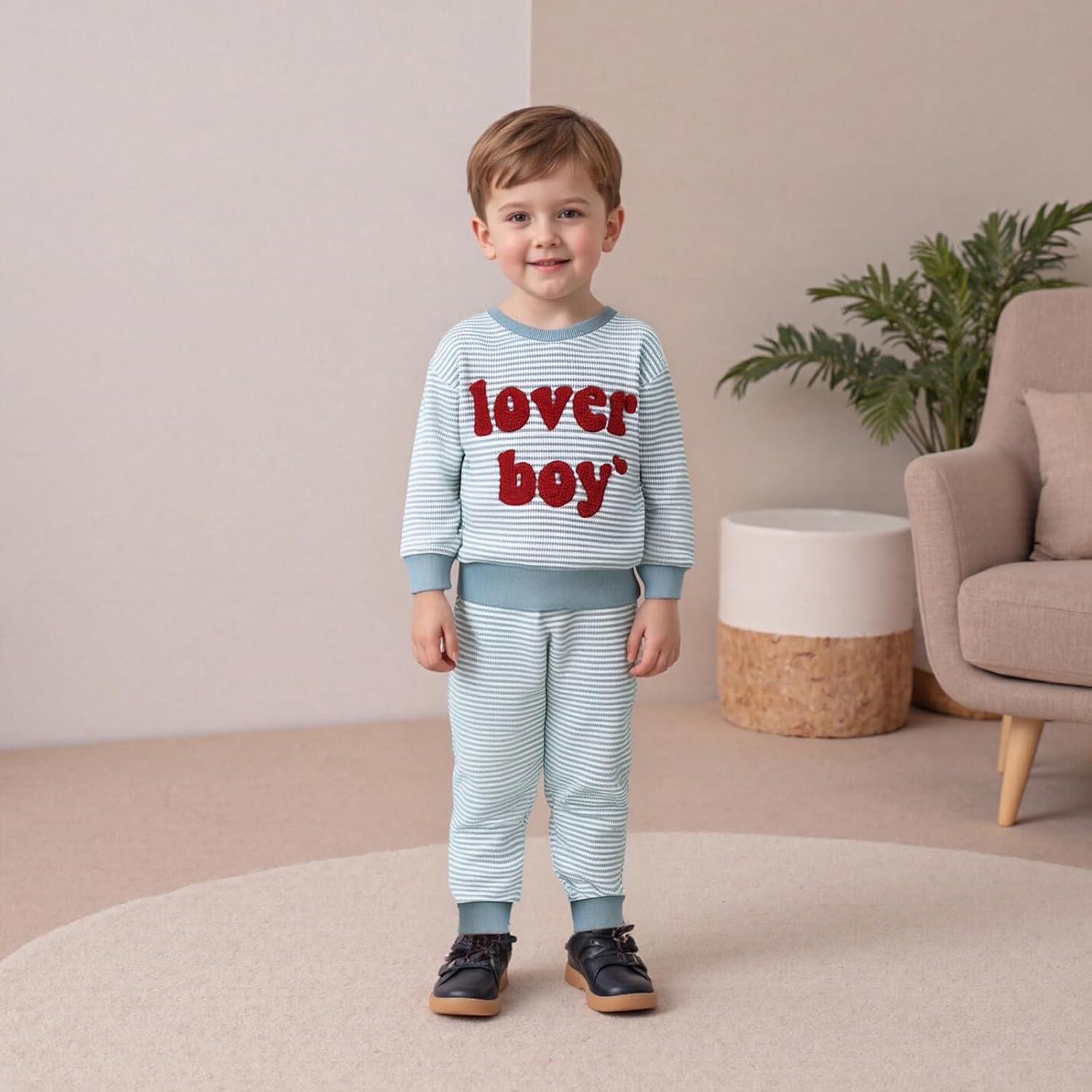 Toddler Baby Boy Valentines Day Outfit Lover Boy Embroidery Waffle Knit Long Sleeve Sweatshirt and Pants Set - Image 3