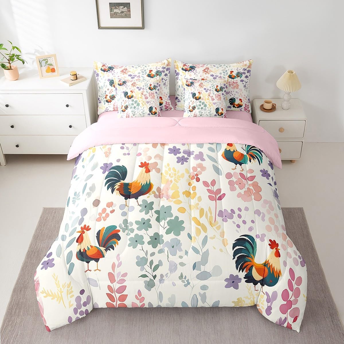 Erosebridal 7Pcs Flower Chicken Queen Comforter Set with Sheets,Farmhouse Animal Rooster Bedding Set for Kids Girls Boys,Country Farm Floral Bed Set with Fitted Sheet,Flat Sheet,Pillowcases
