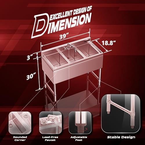 Miniatura 2 de DuraSteel Fregadero de barra de acero inoxidable de 3 compartimentos con cuenco de 10 pulgadas de largo x 14 pulgadas de ancho x 10 pulgadas de