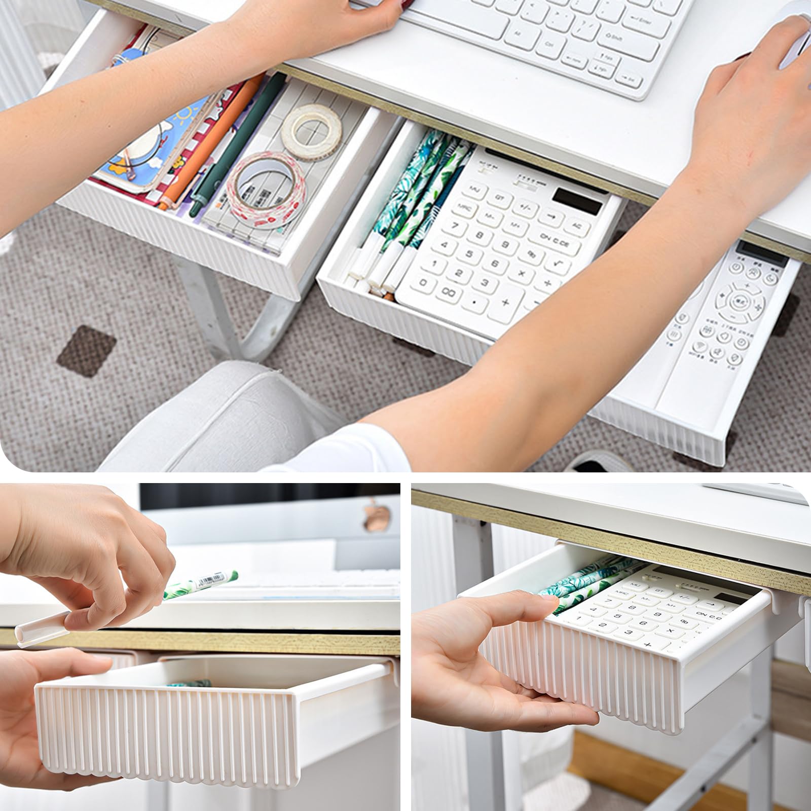Cajón Debajo del Escritorio, Cajón Oculto Autoadhesivo,Organizador para Cajón Debajo del Escritorio,Cajon Escritorio Bajo Mesa,Adecuado para escuelas, cocinas, hogares y oficinas(3pcs)