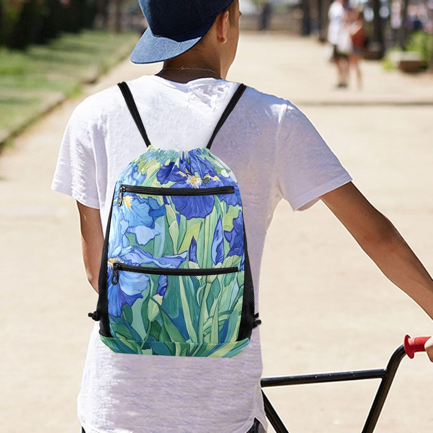 Sport Drawstring Backpack - Irises Flower Van Gogh Breathable Mesh Gym Bag with Water Resistant Zipper Pockets, Comfortable Rope Straps for Travel Outdoor Yoga Dance Beach Swim