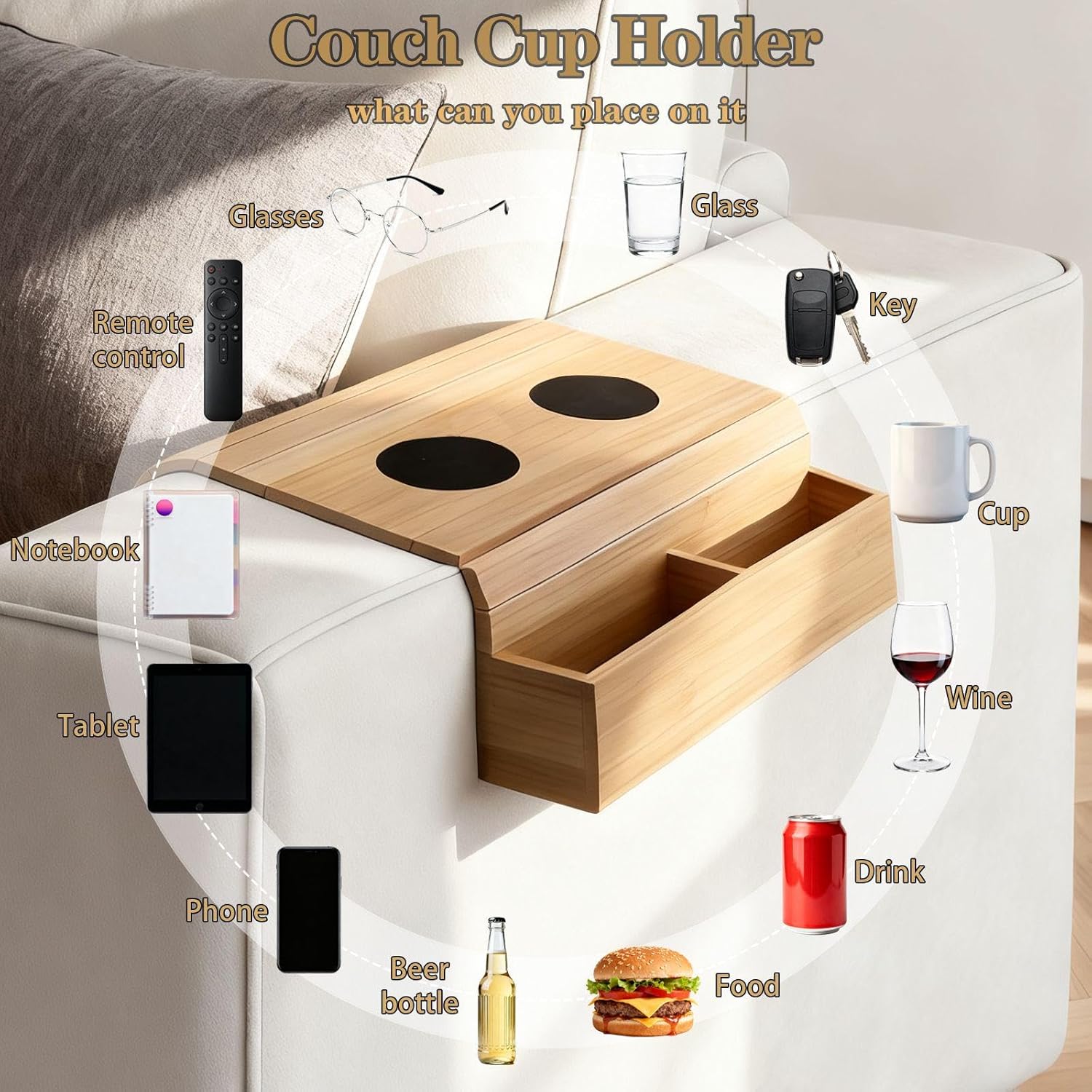 Bamboo Sofa Armrest Tray Foldable Couch Arm Tray Non Slip Sofa Armrest Table with Cork Coasters Color Natural Couch Armrest Organizer for Drinks Mobile Phone TV Remote Control Snacks