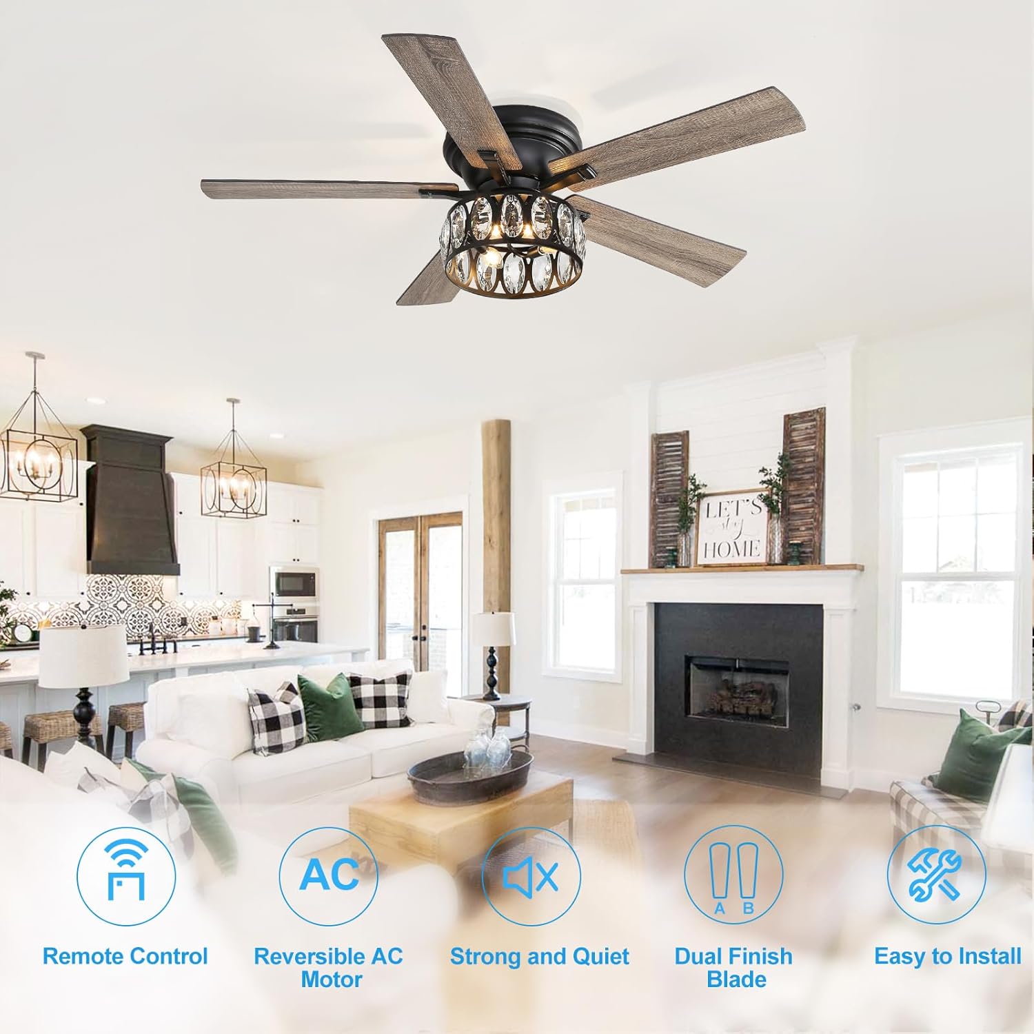 52 Inch Black Flush Mount Ceiling Fan with Crystal Light and Remote