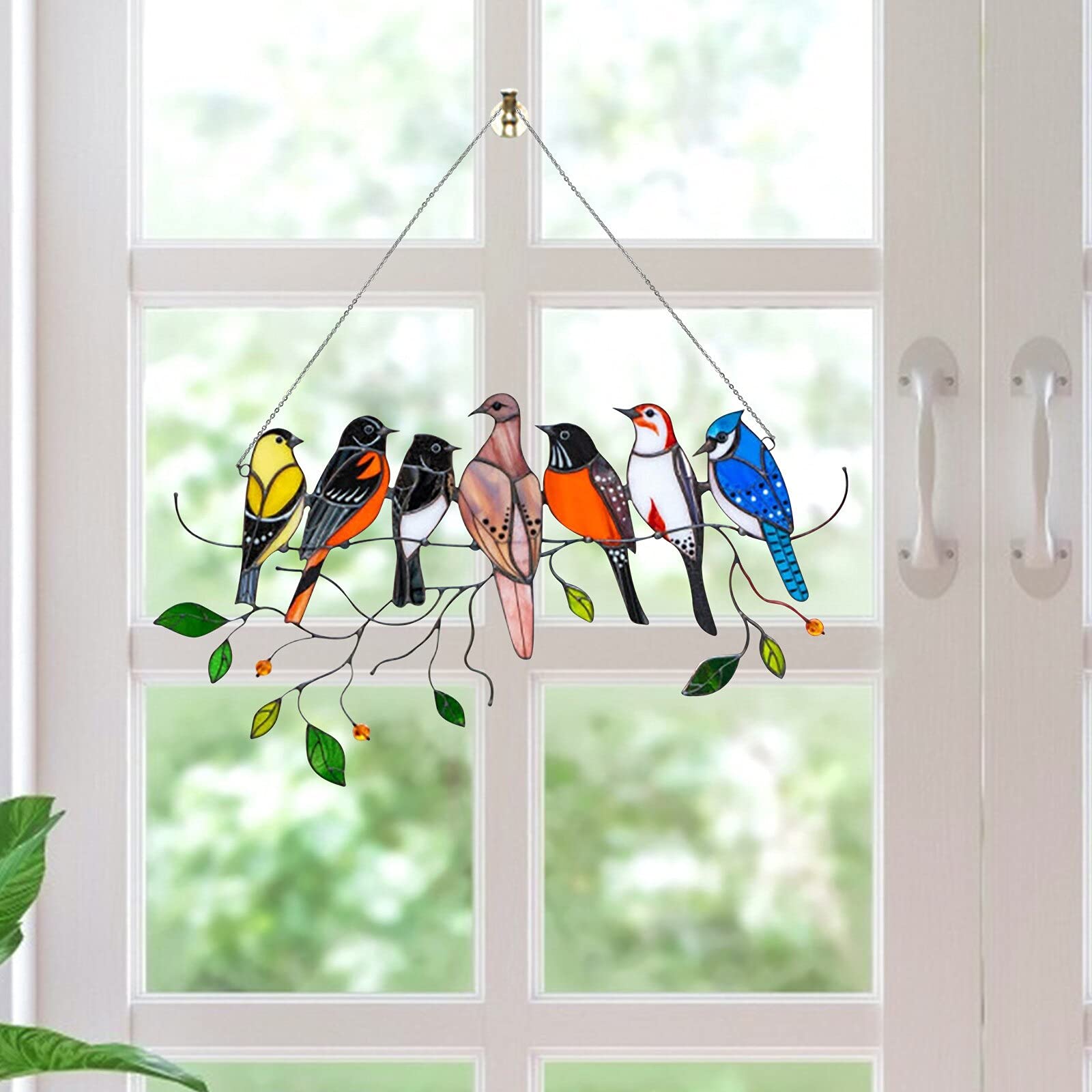 Glas-Fensterbehang, bunte Vögel auf einem Draht, hohe Buntglas-Fensterplatte, Vogel-Serie für den Außenbereich, Zuhause, Innenhof, Dekoration, Anhänger (mehrfarbig)