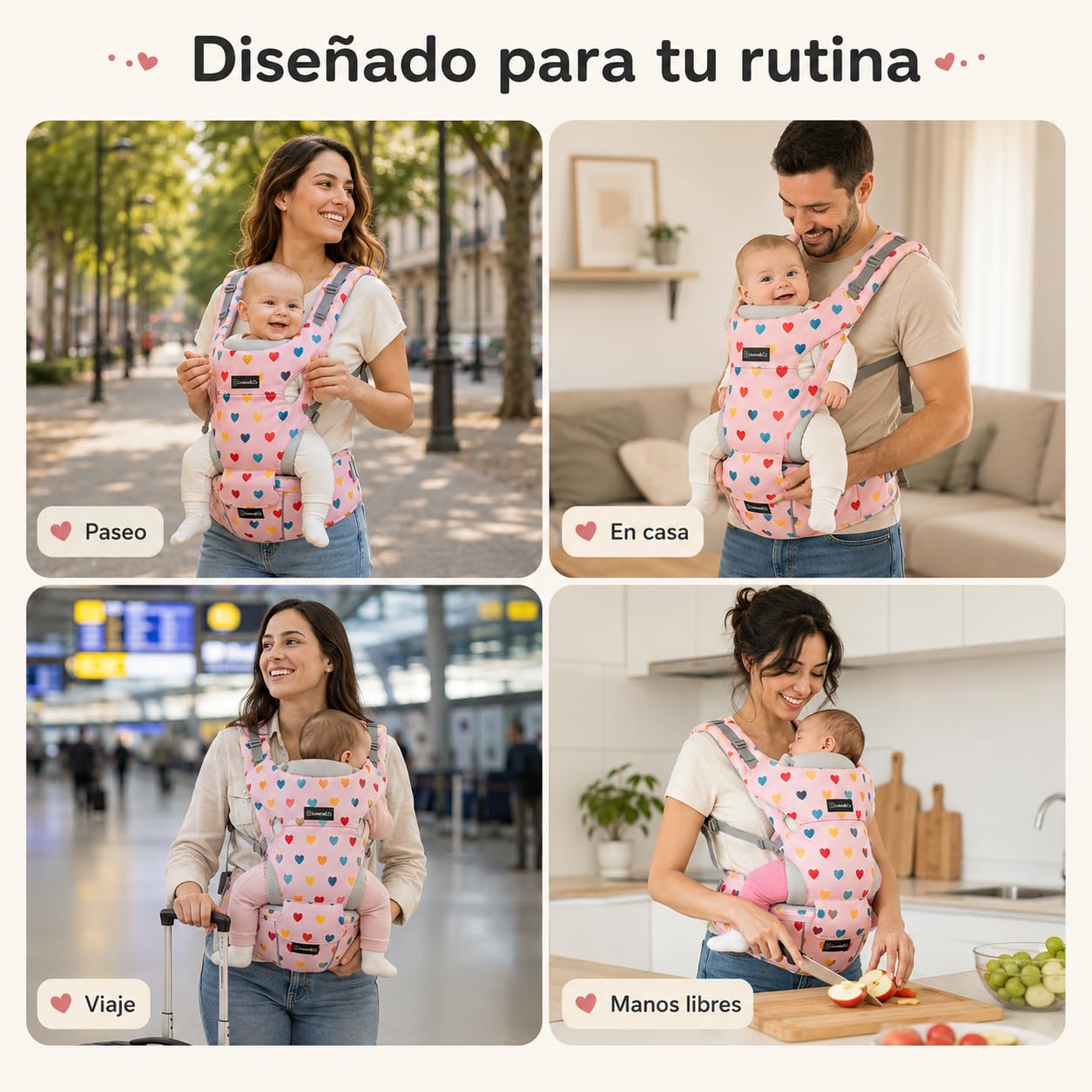 Linares&Co Mochila Portabebés Ergonómica 3-20 kg, Mochila de Porteo Bebé Ligera y Transpirable, Postura en M, Hebillas Clic, Lavable, Color Rosa