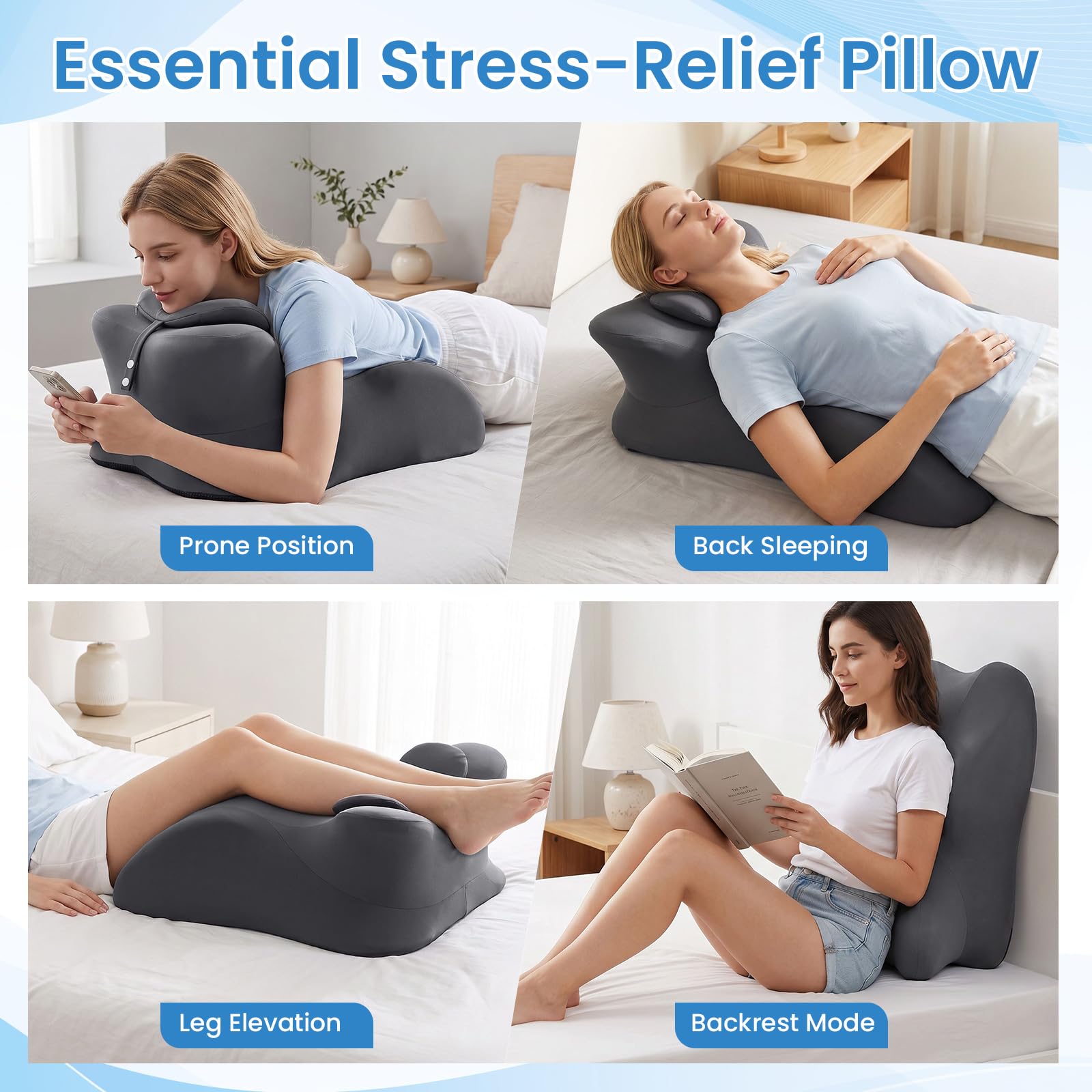 2026 Memory-Schaum Keilkissen, 27° Ergonomisches Bettkissen, Lesekissen für Rückenstütze, Beinhochlagerung, Ideal für Bauchlage, bei Sodbrennen, Abnehmbarer Bezug (Original Plus Size, Dehnbares Grau)