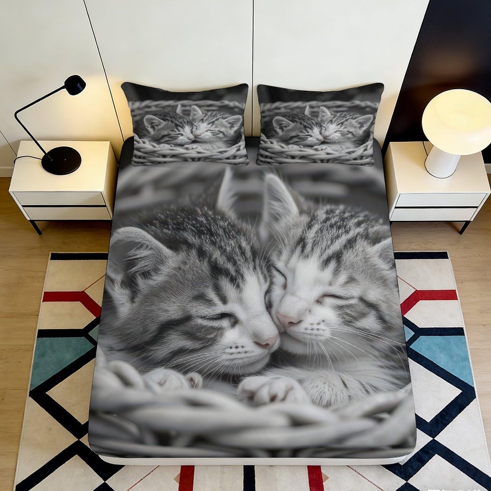 3D Printed Cute Cats Fitted Sheet Microfiber Soft Breathable Sleeping Kittens Bed Cover for Bedroom Dormitory Guest Room Mattress Protection Decor 120x200x25cm