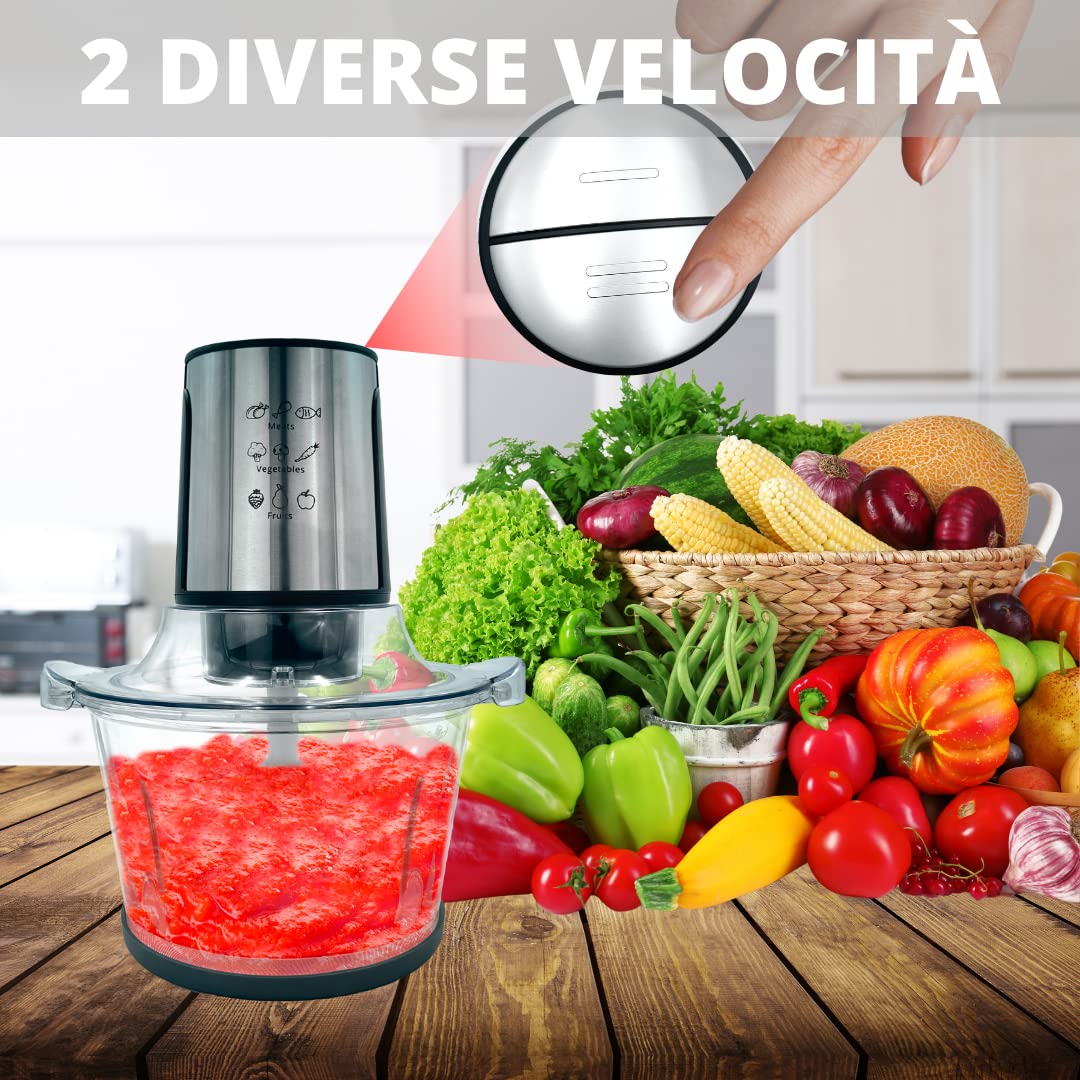 MAKA Tritatutto da Cucina Elettrico Ciotola in Vetro 1.5 Litri Tritacarne Passapomodoro 4 Lame Acciaio Inox 400W Frullatore Piedini Antiscivolo 2 Velocità Ciotola senza BPA Passaverdure Passata