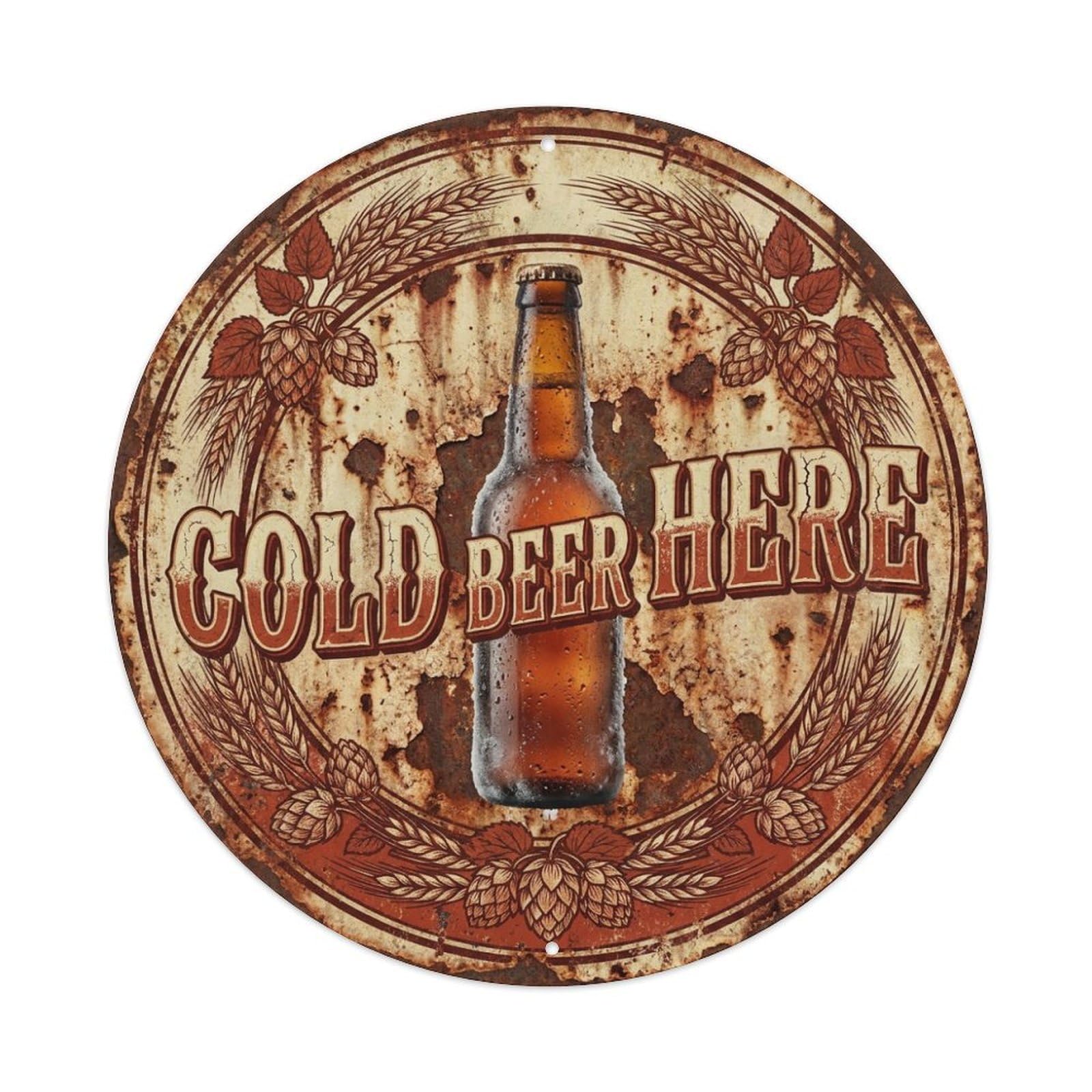 Cold Beer Here Bar Signage Amber Bottle Hops Metal Tin Sign