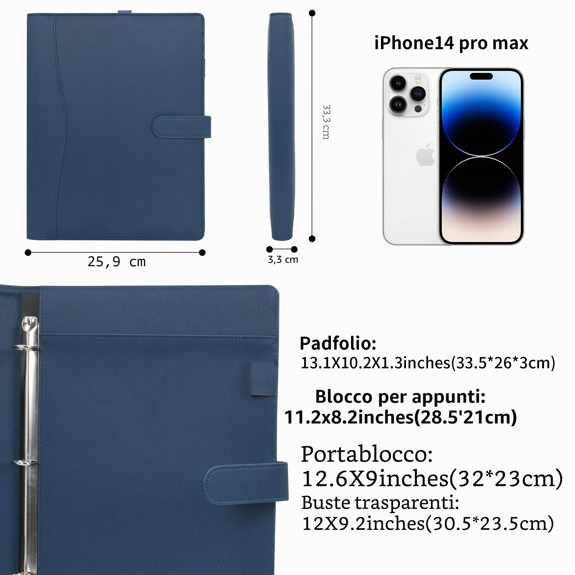 Wonderpool Cartella per Documenti in Pelle A4, Raccoglitore ad Anelli Rimovibile con Portablocchi e Organizzatore, Blu scuro