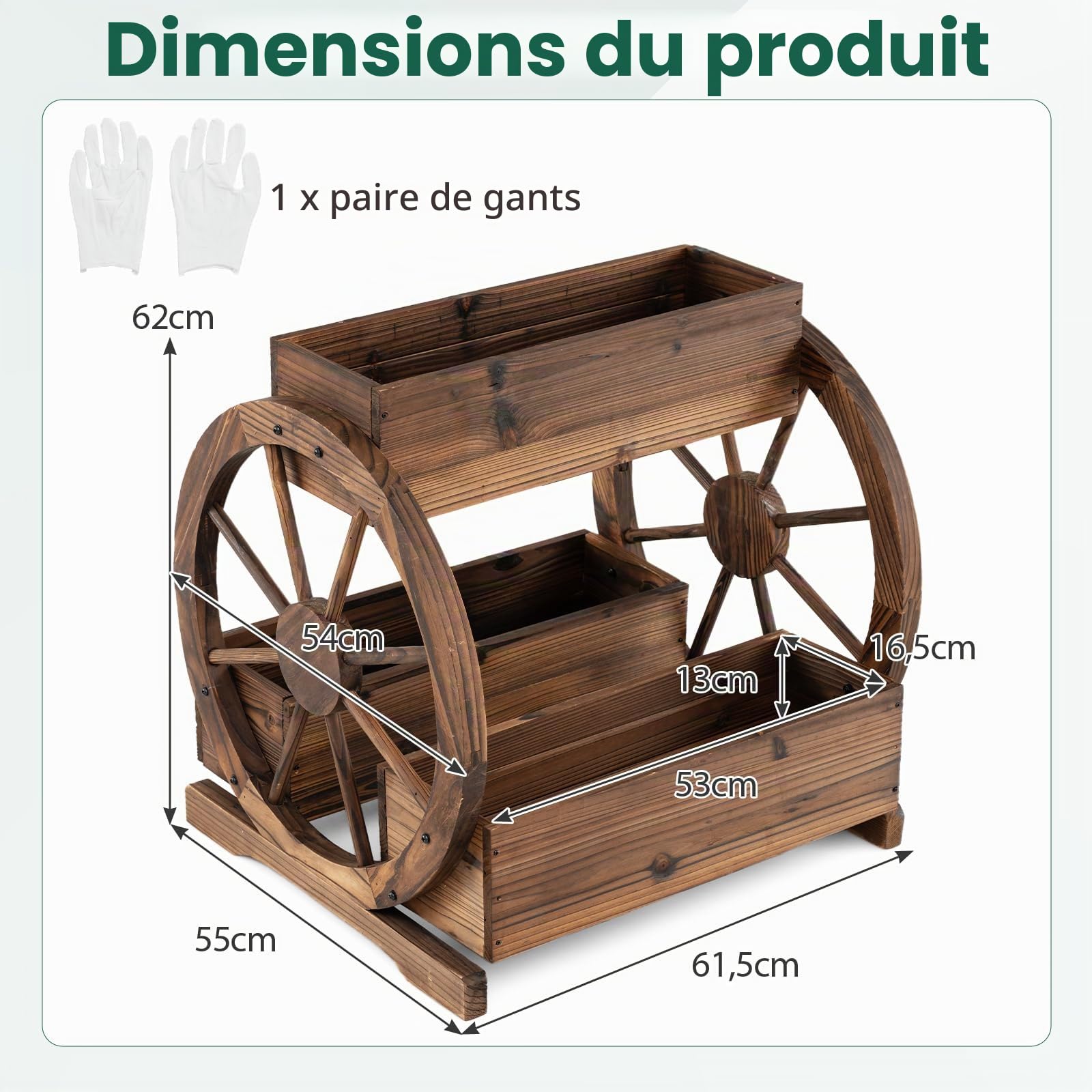 HOMASIS Jardinière Surélevée à 2/3 Niveaux en Bois, Bacs à Fleurs en Forme de Chariot avec roulettes, Trous de Drainage et Gants, pour Jardin, Balcon, Terrasse, Marron (61,5 x 55 x 59 cm)