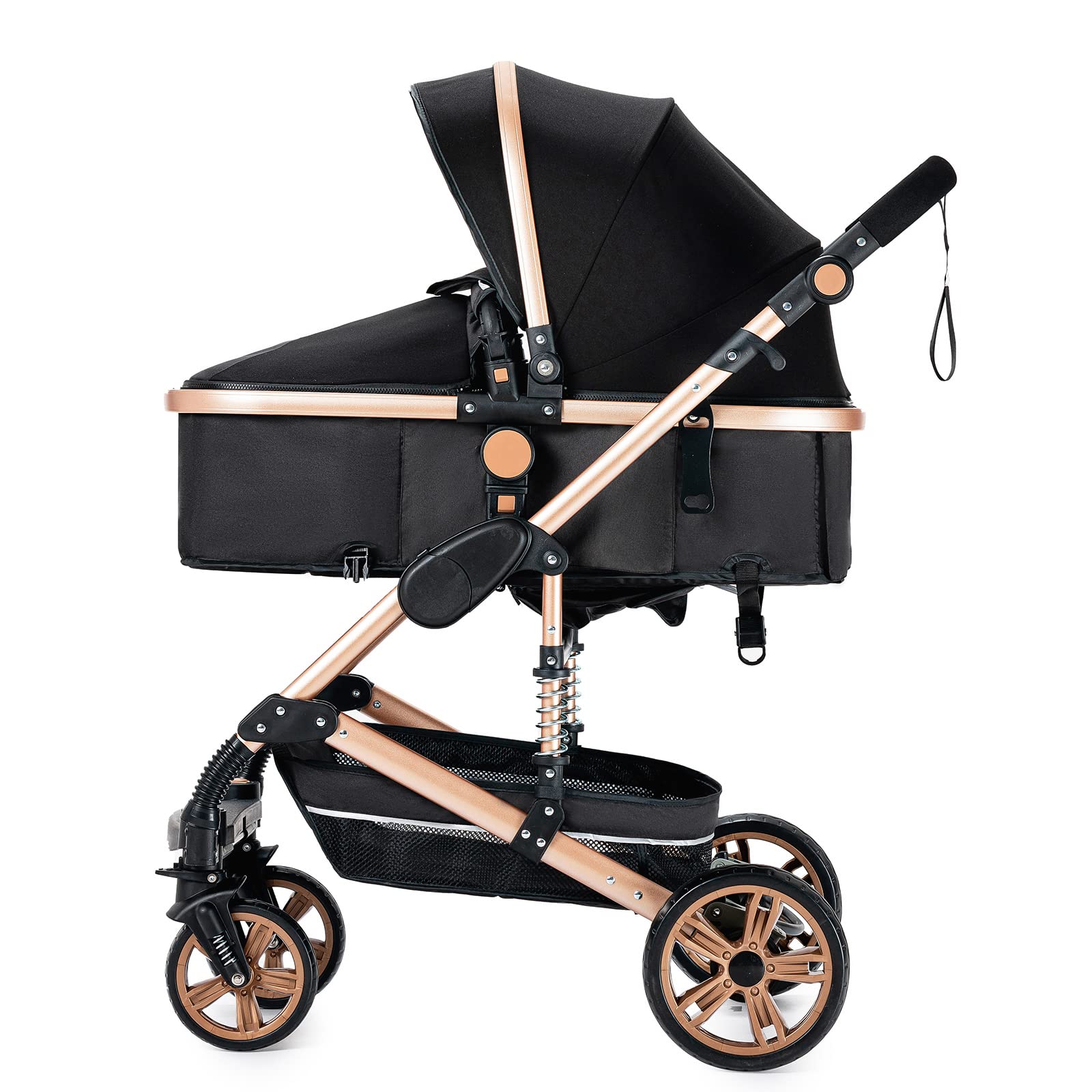 Passeggino 3 in 1 Triciclo Girello Passeggino Alto Paesaggio Pieghevole Carrozzina Bambini 0-36 Mesi Nero Oro
