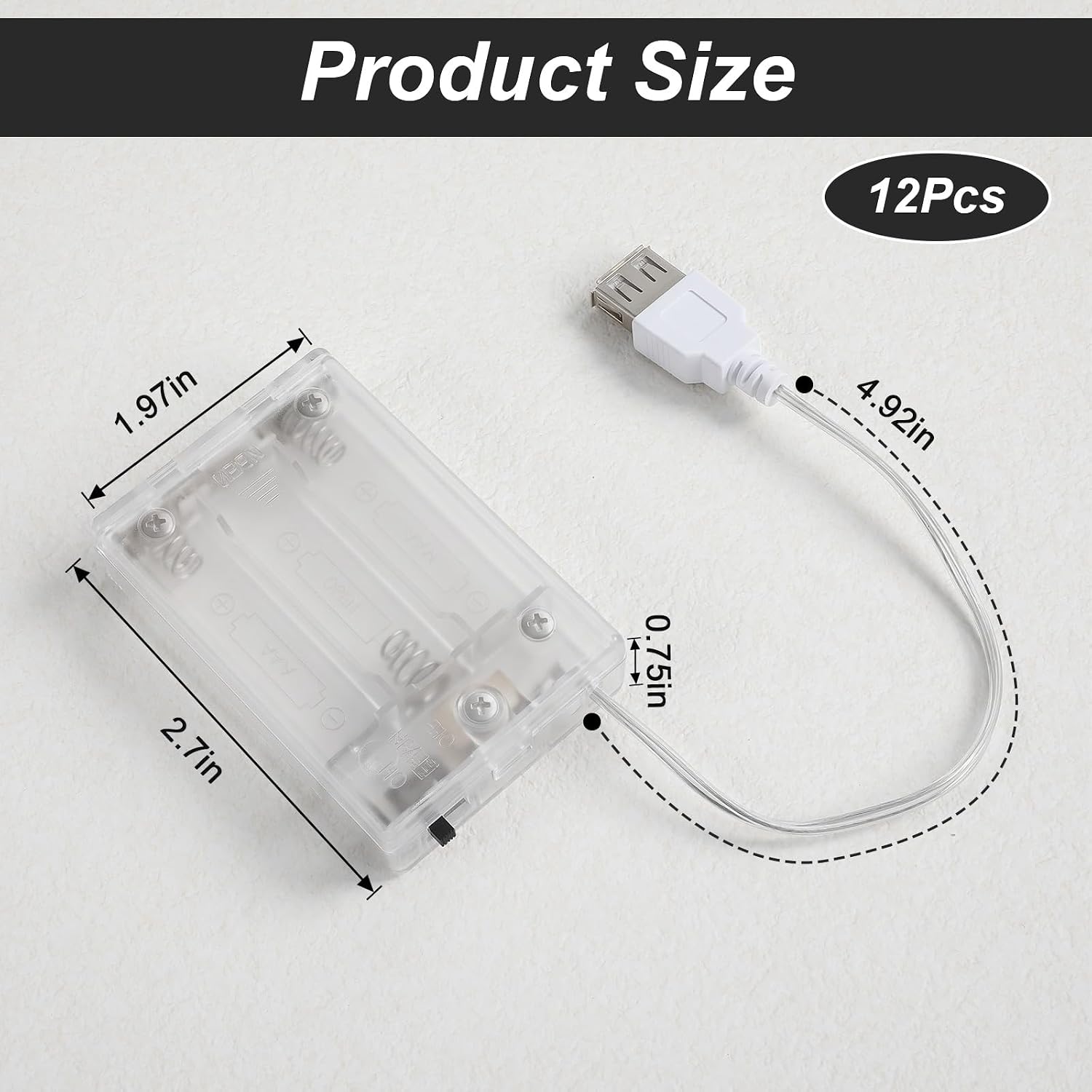 12 Pcs USB to Battery Pack, USB Battery Pack for LED Lights USB to Battery Pack for Plug in Lights, 5V Portable 3 AA Holder Box with Switch for Neon Signs Indoor Outdoor Party Decor, Clear