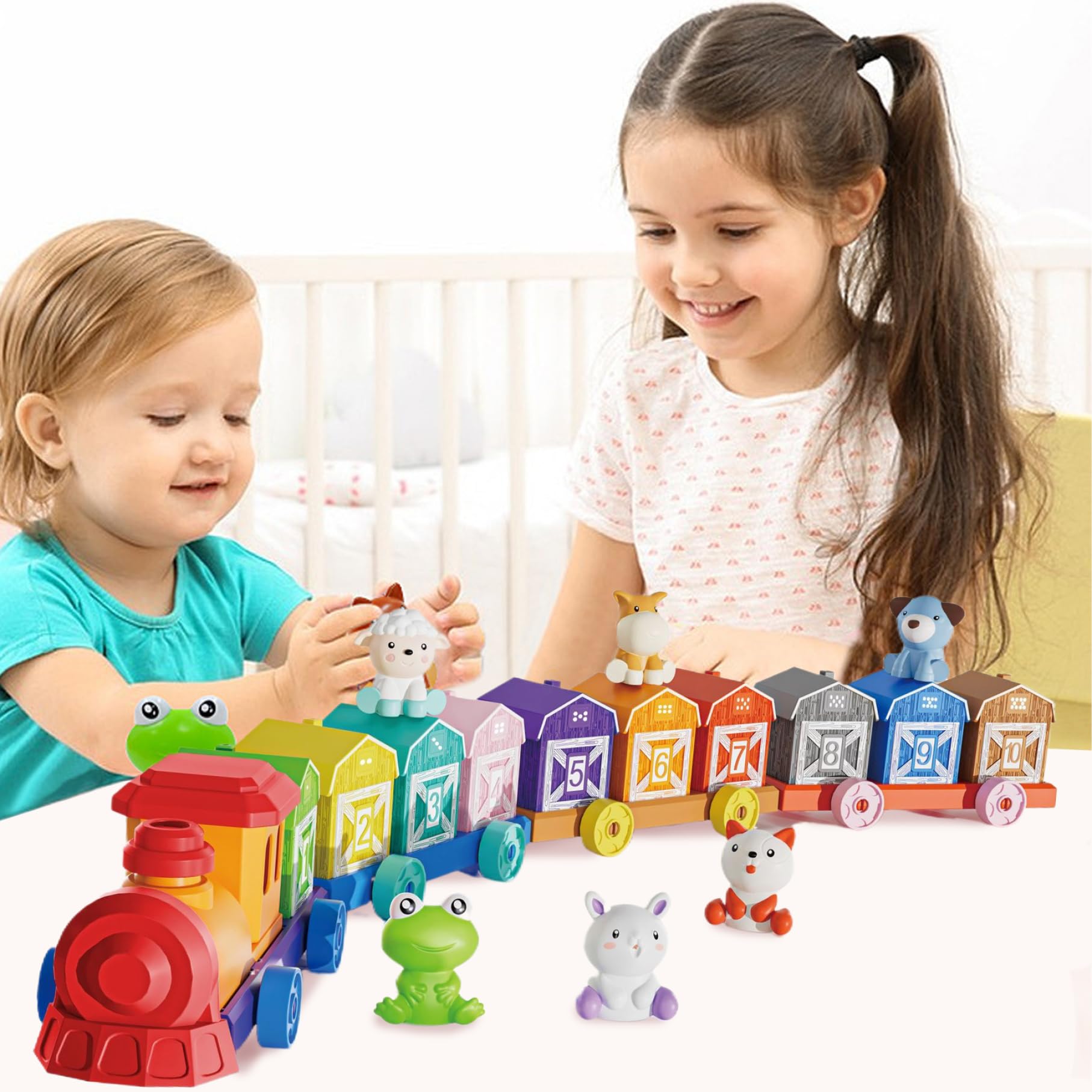 Juego de Tren para niños pequeños, Actividad de conteo, combinación y clasificación, Juguete de Tren para niños pequeños con Marionetas de Dedo de Animales de Granja, Juguetes Montessori para