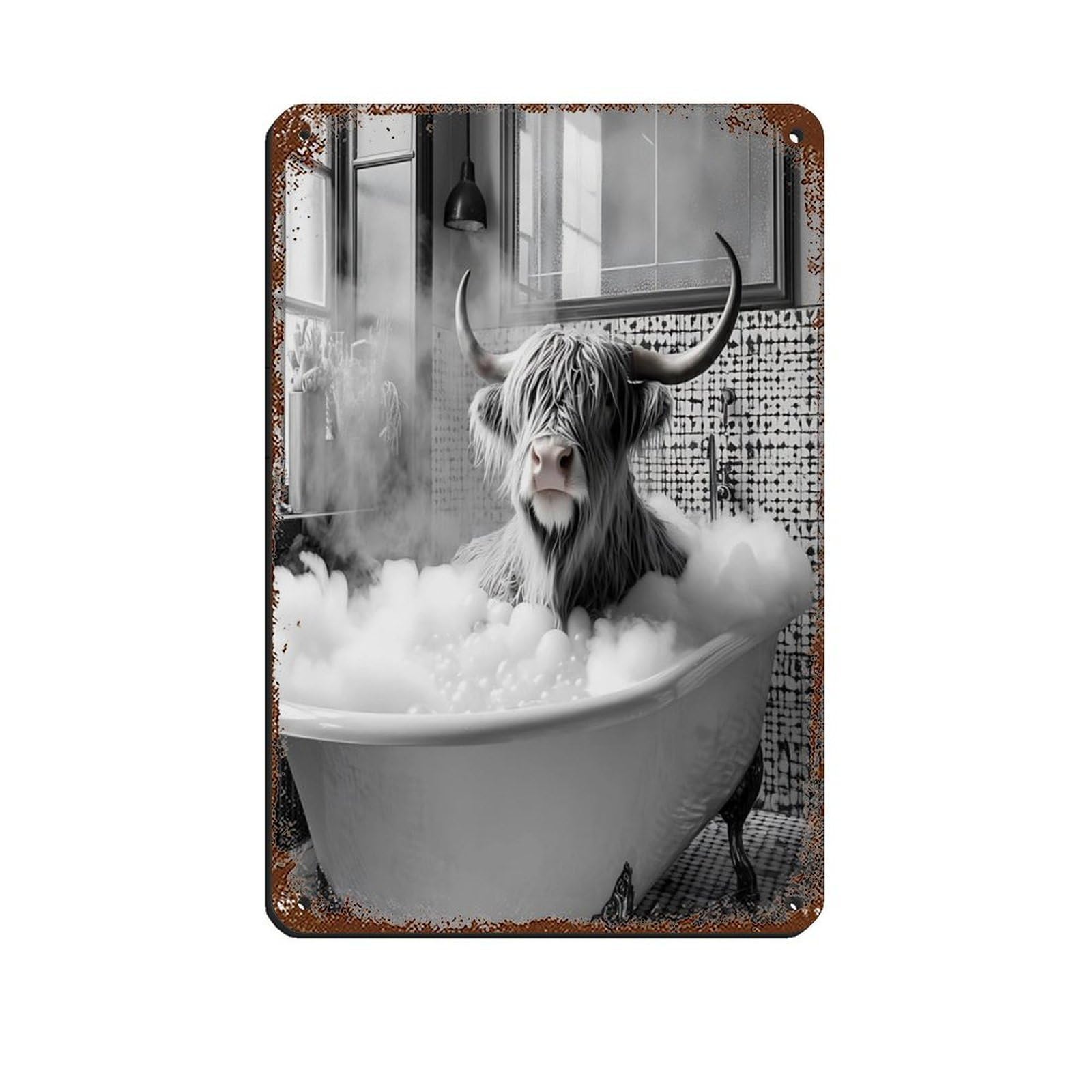 Lxwnze 20L X 30W Cm Highland Cow Bathroom, Cow In Bathtub Tin Sign Vintage Metal Pub Club Cafe Bar Home Wall Art Decoration Poster Retro 8X12inch(20X30cm)